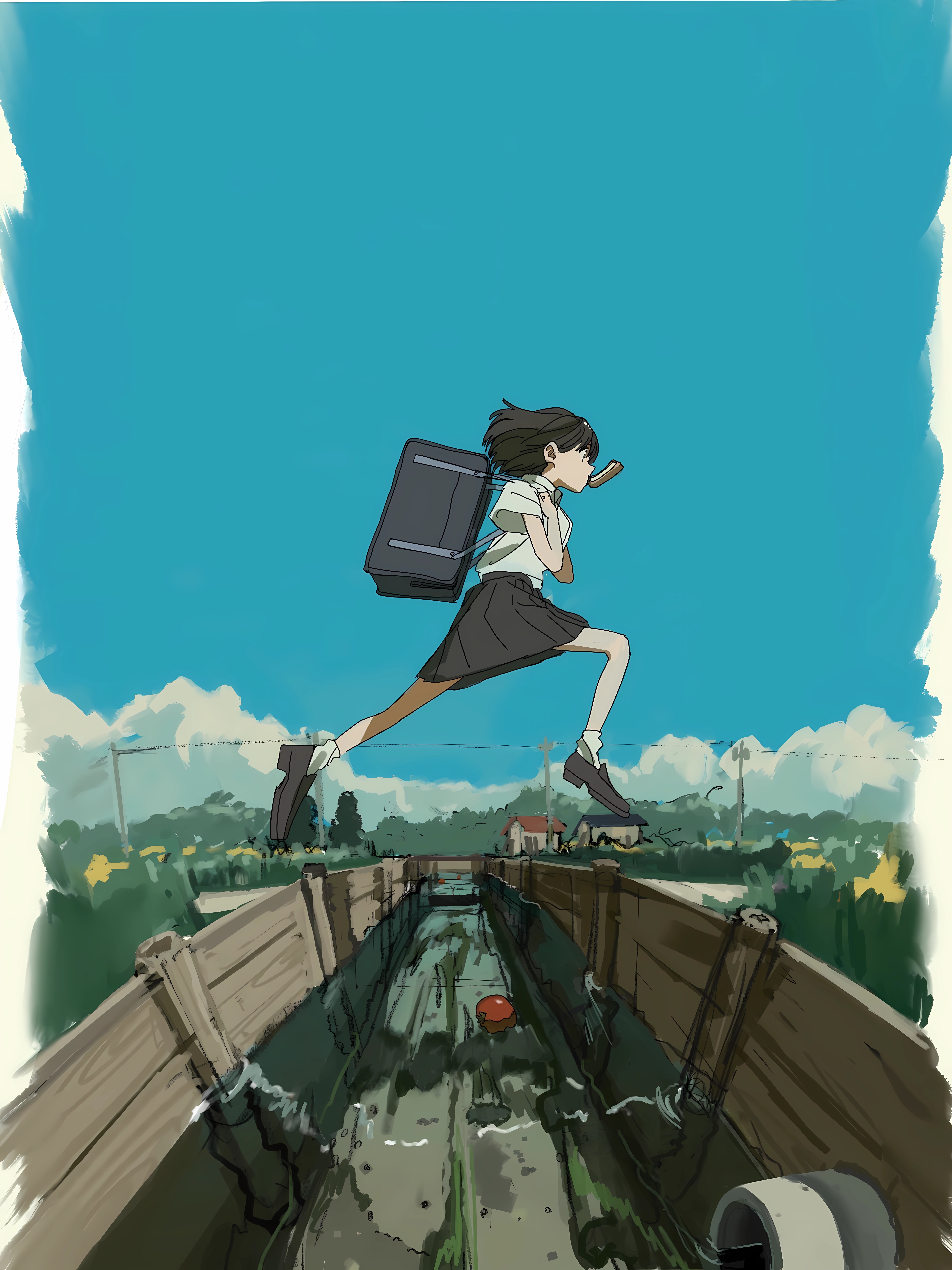 Schoolgirl running with toast and school bag HD Phone Wallpaper