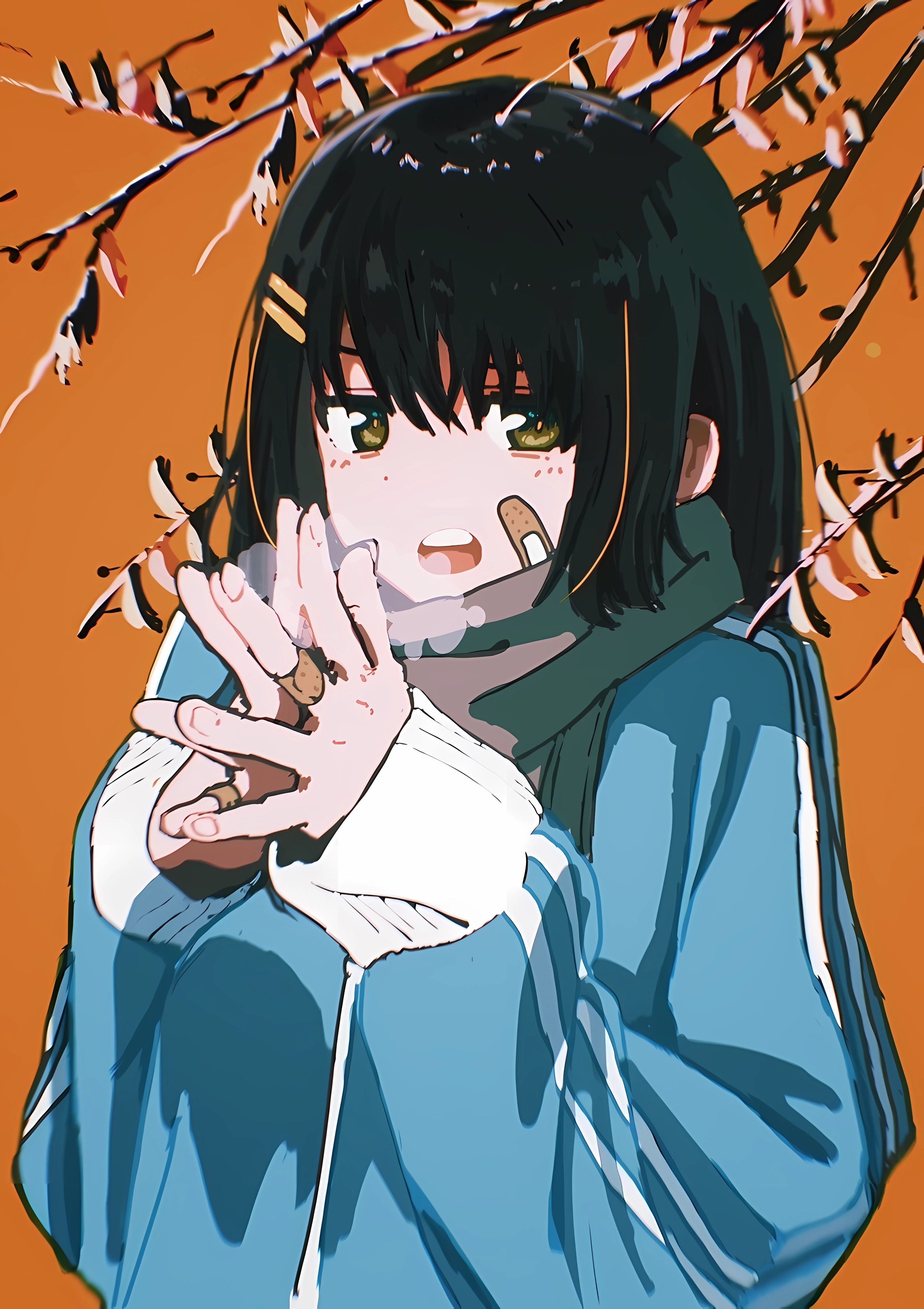 Anime girl with Band-Aid and scarf HD Phone Wallpaper