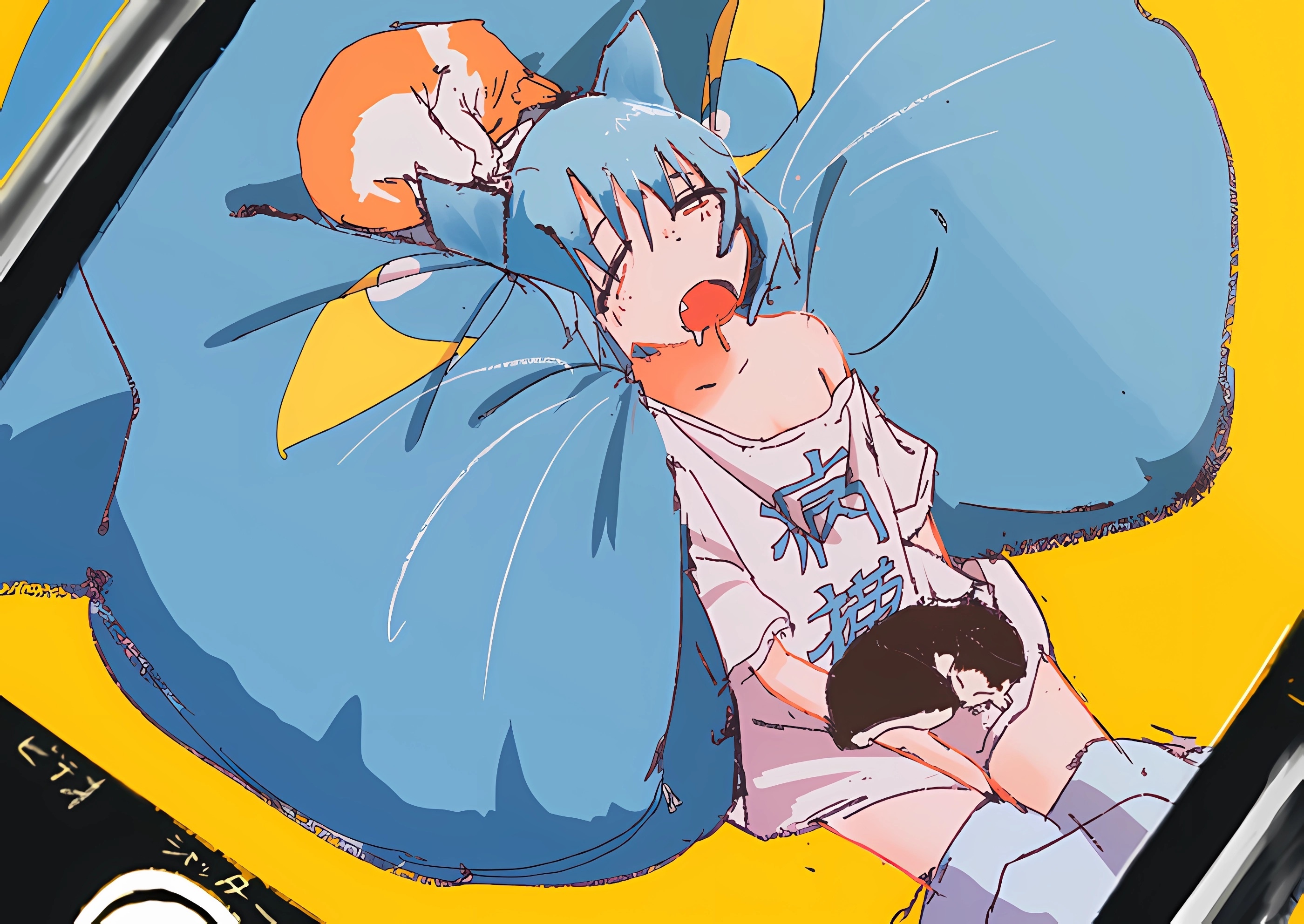 Girl with blue hair and cats sleeping HD Wallpaper