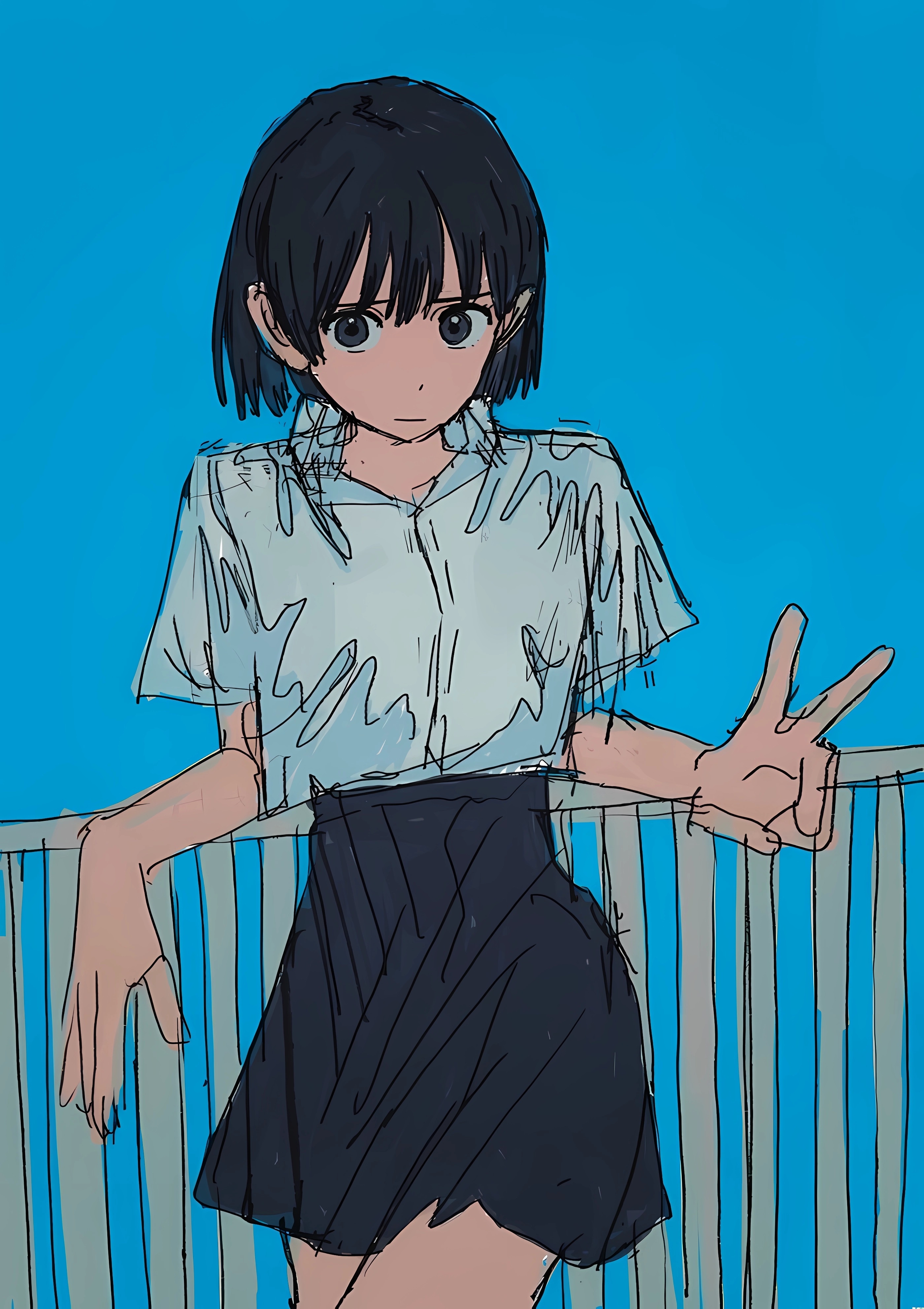 Schoolgirl with peace sign against blue background HD Phone Wallpaper