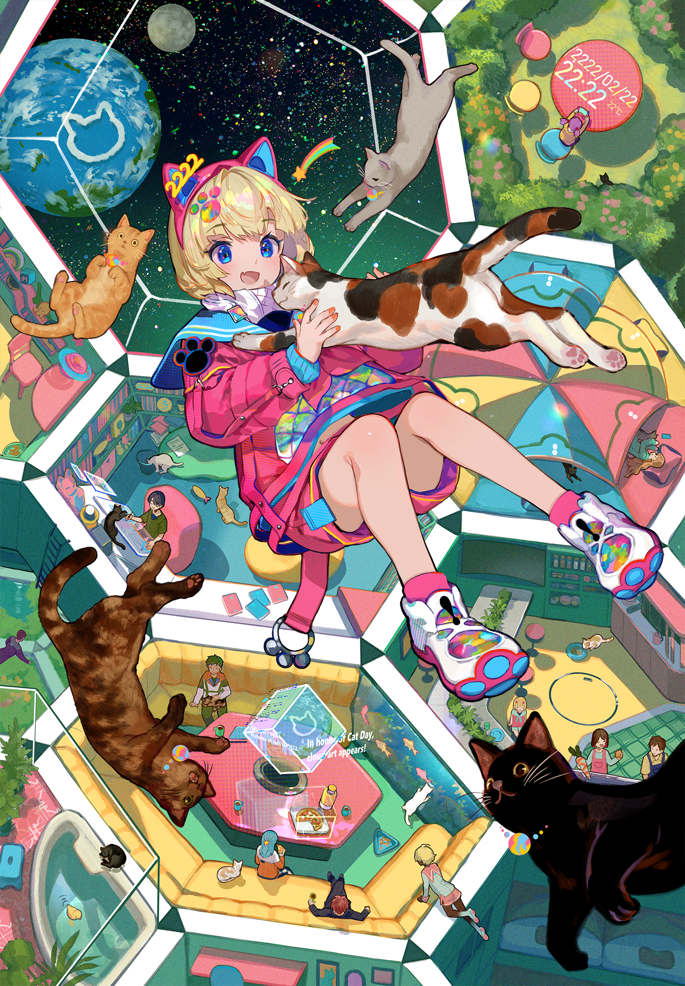 Girl with cat ears and cats in space HD Phone Wallpaper