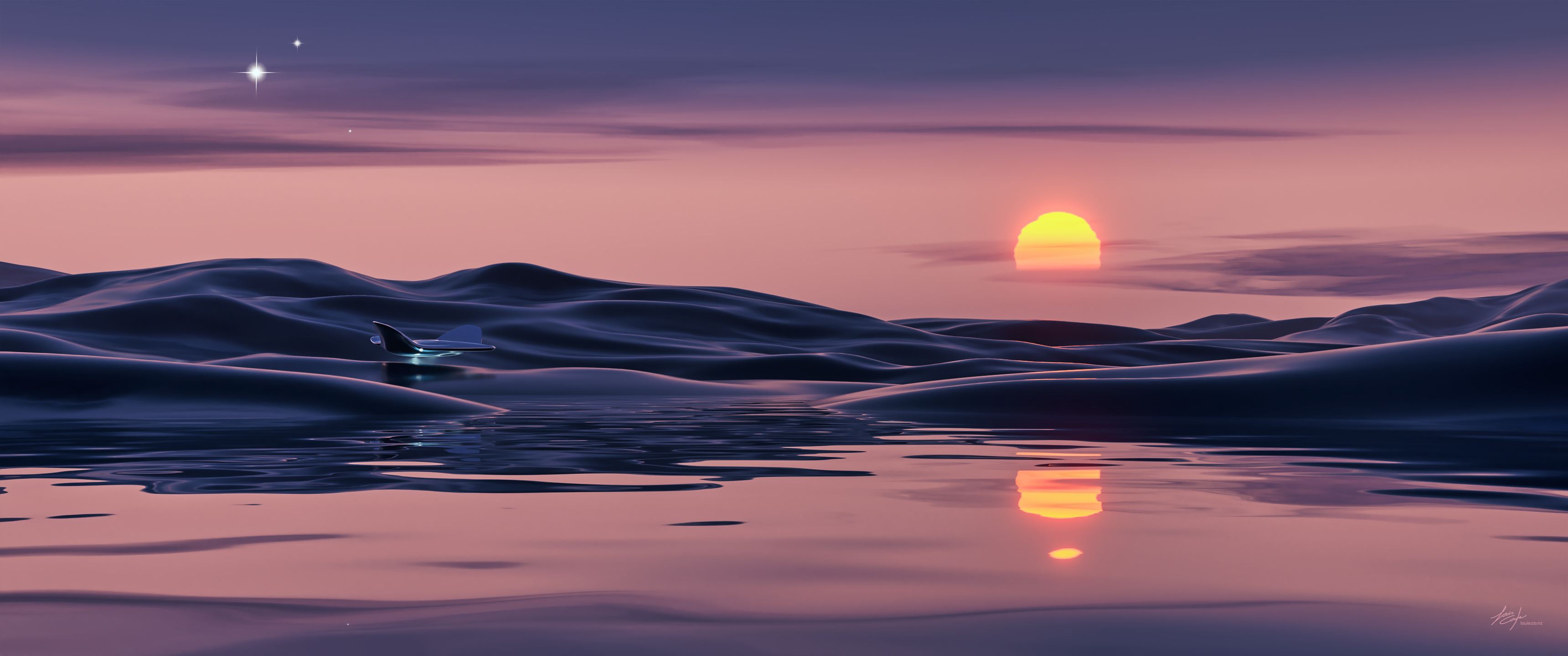 Alien Planet Sunset with Spaceship and Stars HD Wallpaper