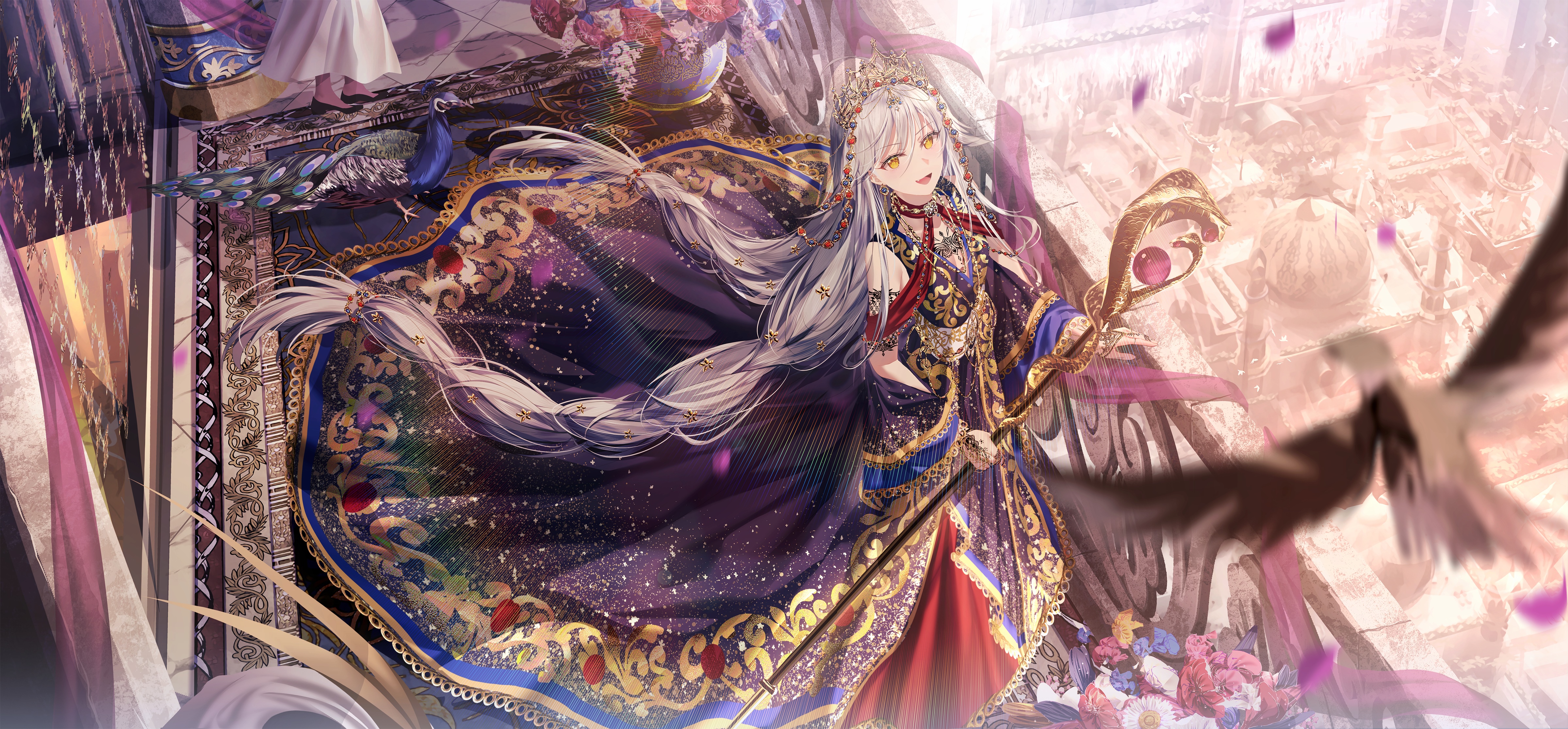 4K Anime Woman with Silver Hair and Peacock HD Wallpaper