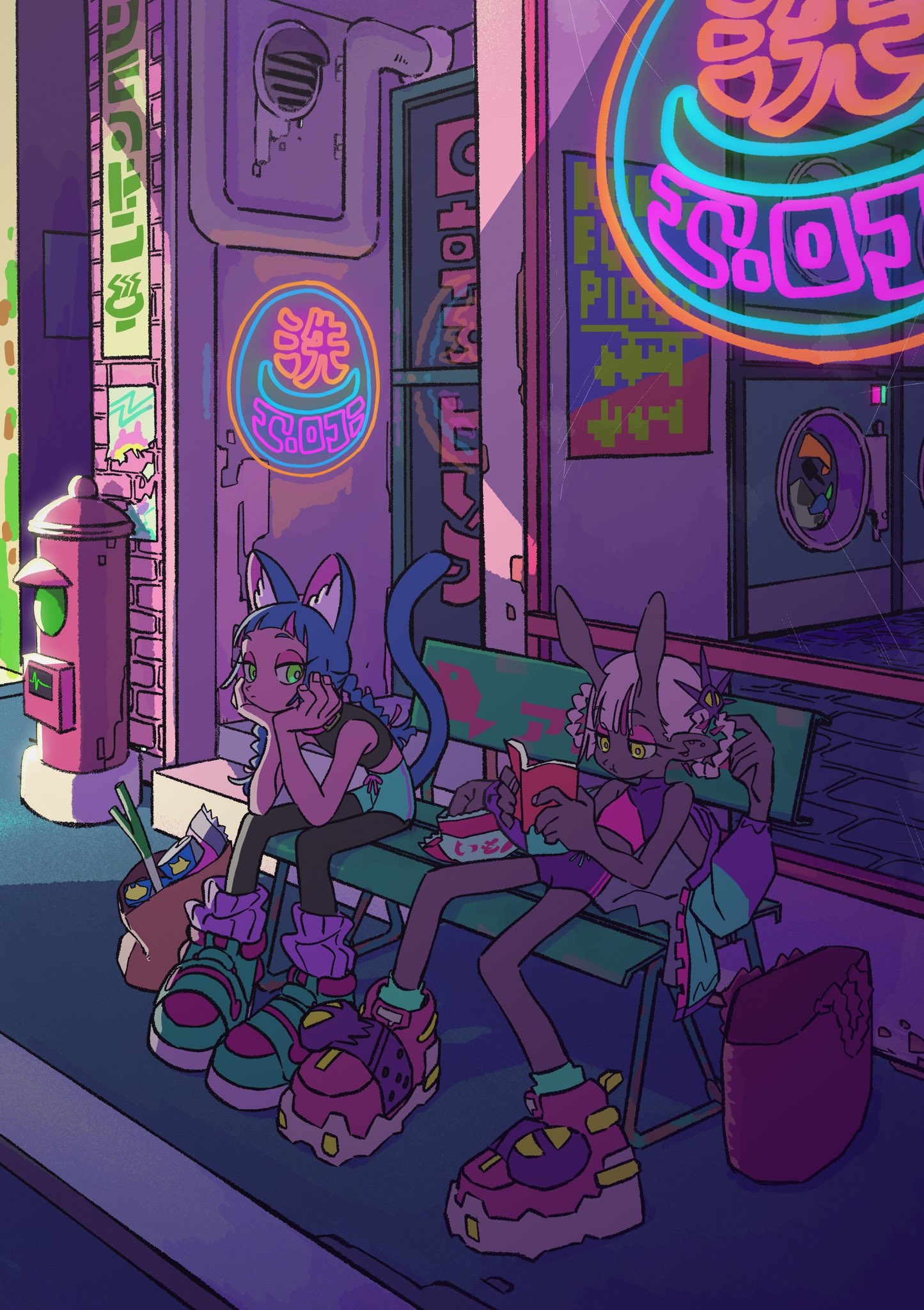 Cat girl and bunny girl at a neon-lit laundromat HD Phone Wallpaper