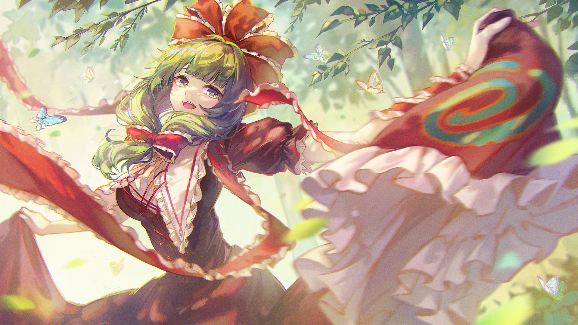 Touhou girl with green hair and butterflies in forest HD Wallpaper