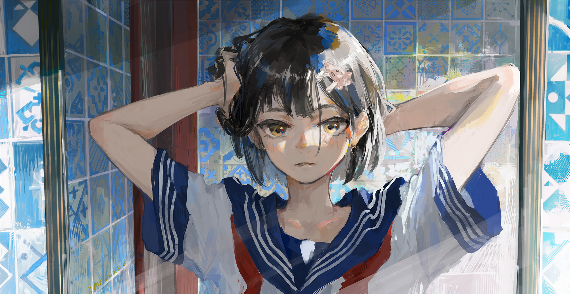 Girl in school uniform fixing her hair in a tiled room HD Wallpaper