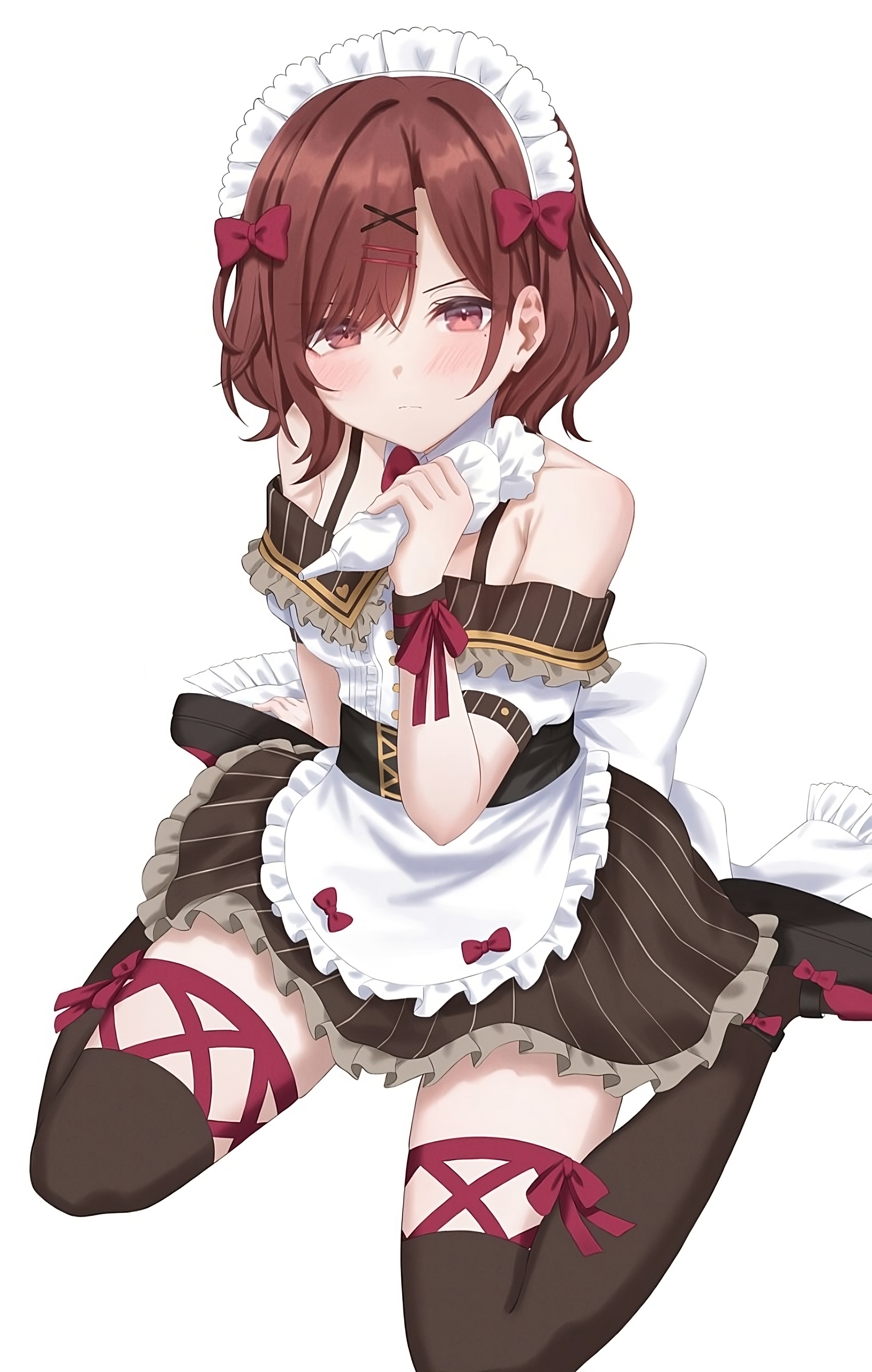Anime girl in maid outfit with red bows HD Phone Wallpaper
