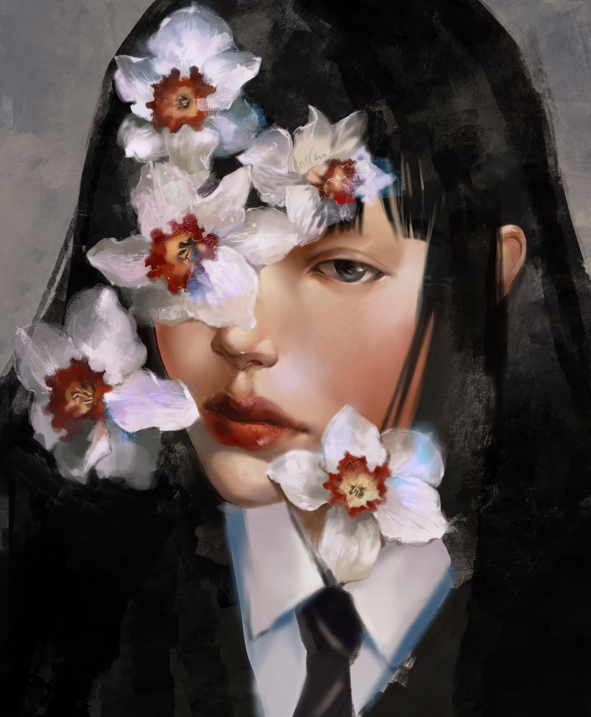 Woman with dark hair and flowers covering her face HD Phone Wallpaper