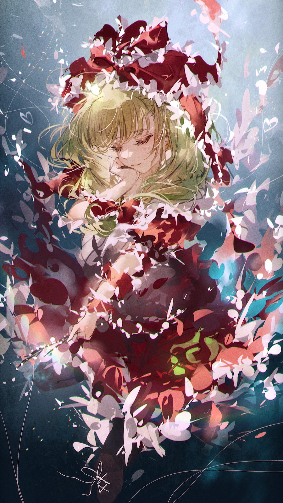 Touhou: Flandre Scarlet with Red and White Flowers HD Phone Wallpaper