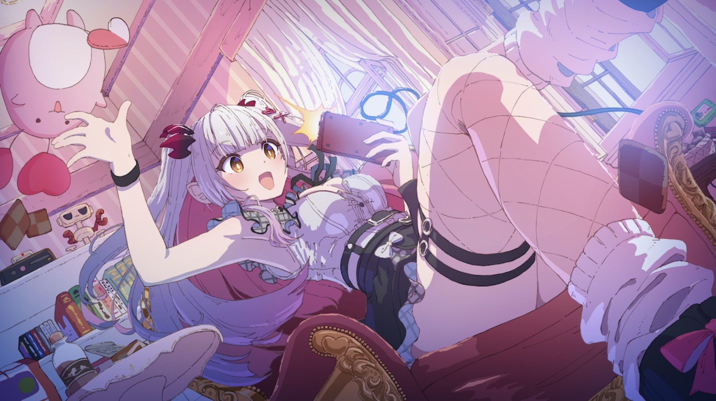 Girl with twintails taking a selfie in a bedroom HD Wallpaper