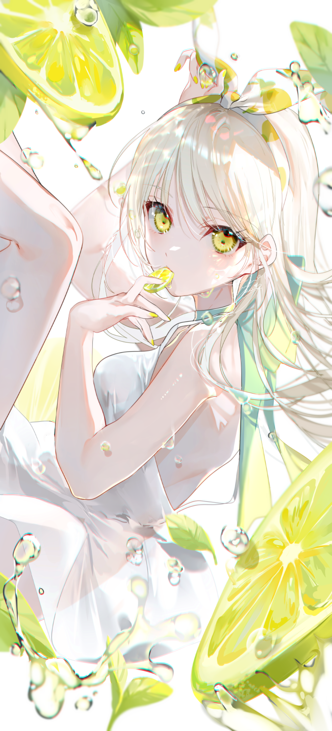 Girl with blonde hair and yellow eyes eating lime HD Phone Wallpaper