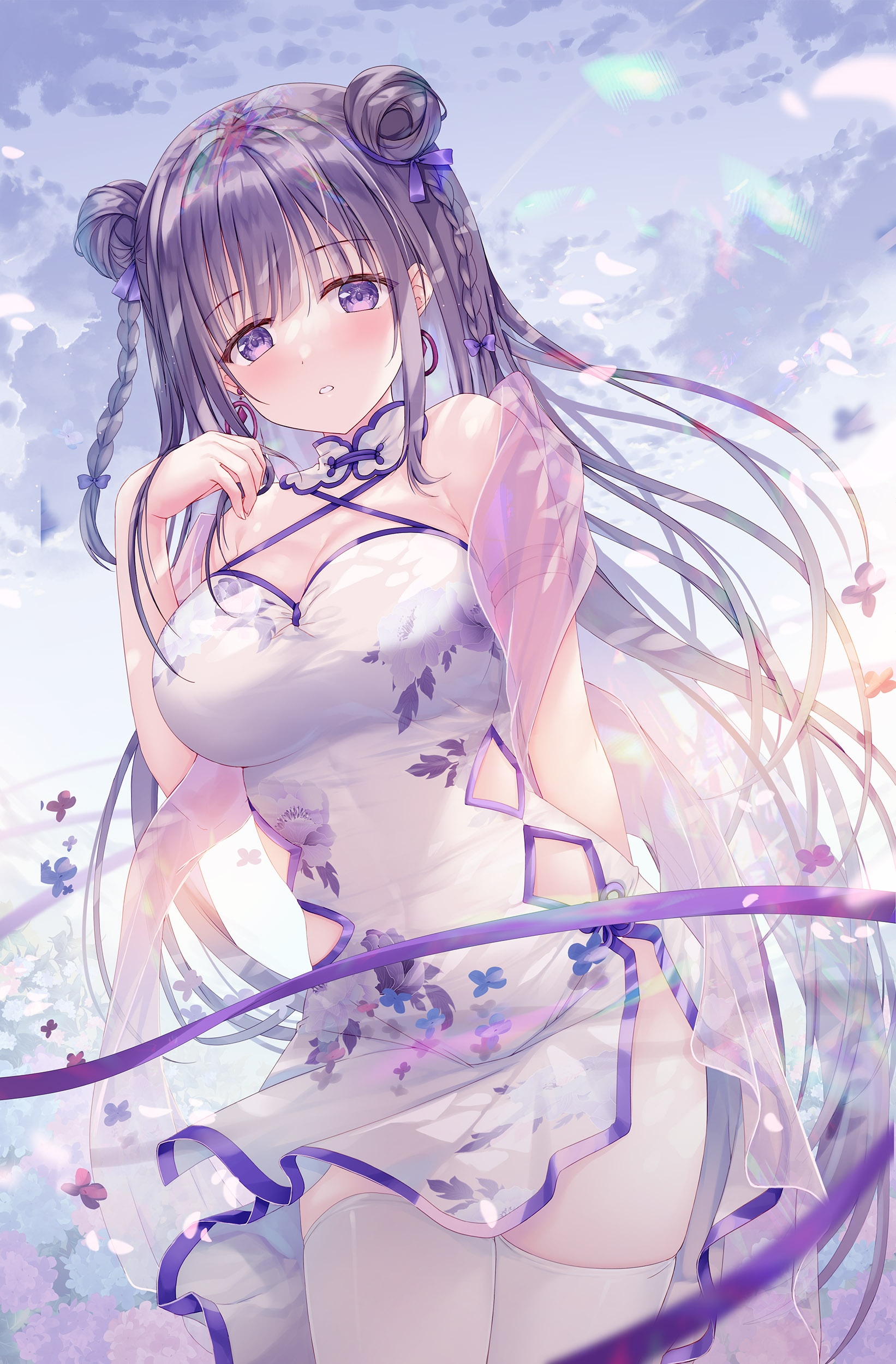 Anime girl with hair buns and braids in a Chinese dress HD Phone Wallpaper