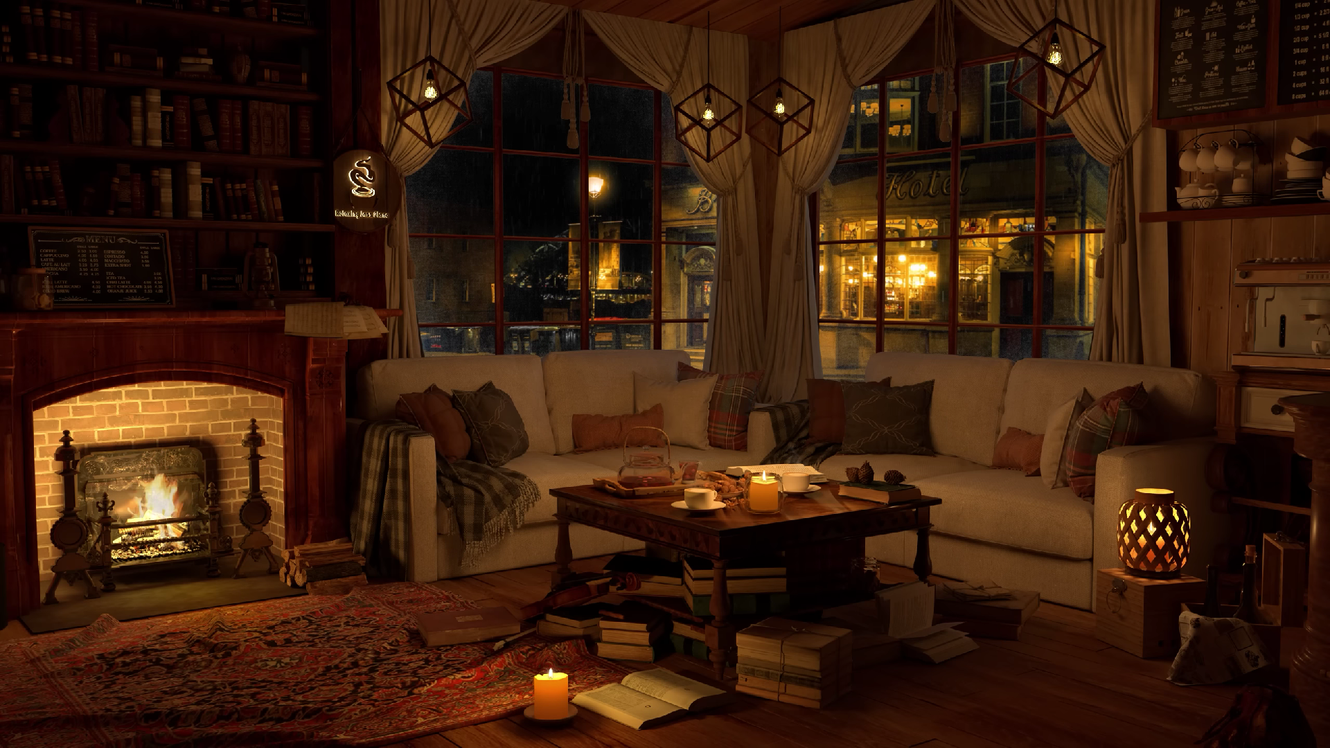 Cozy room with fireplace and books at night HD Wallpaper