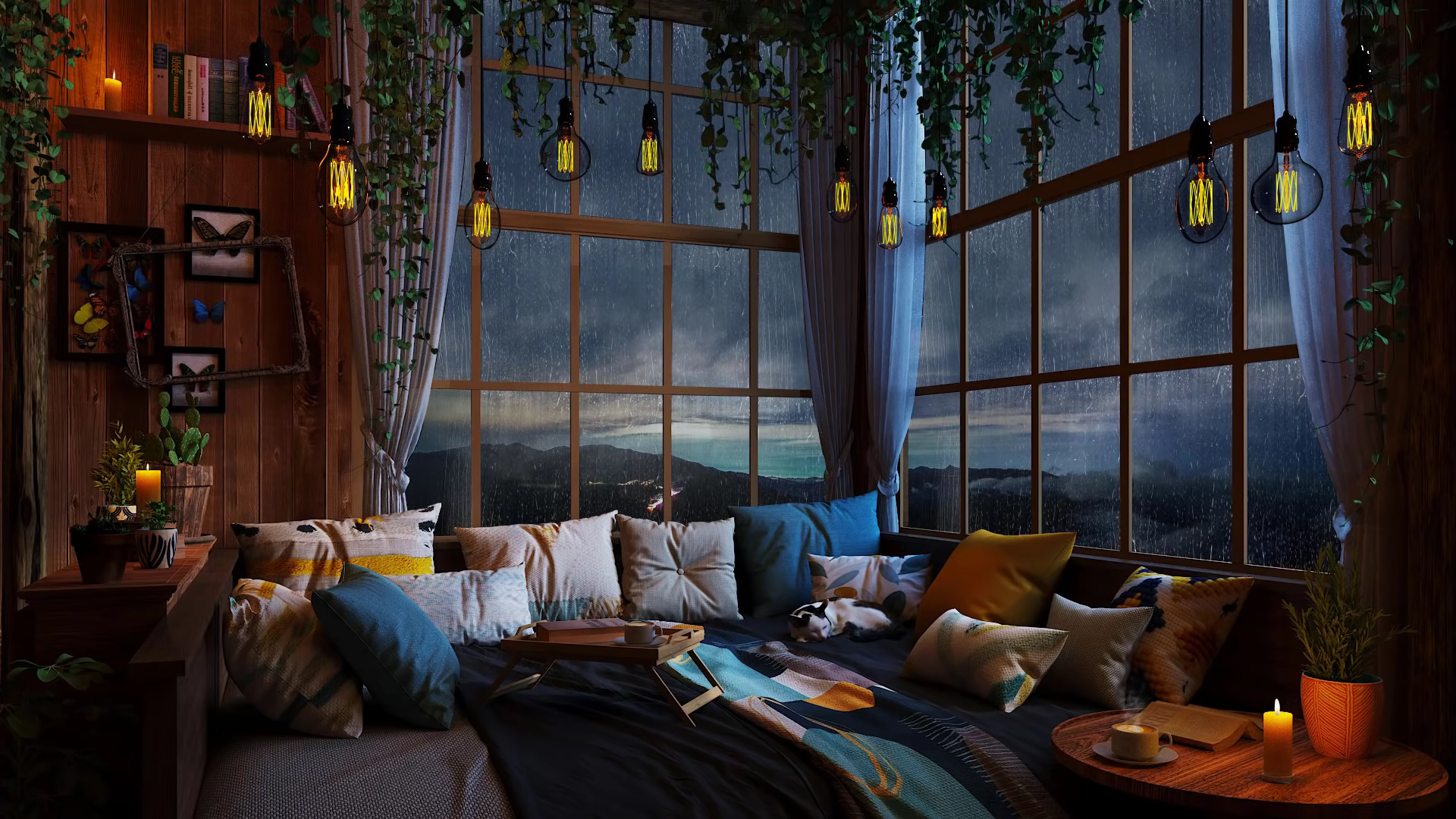 Cozy reading nook with rain outside HD Wallpaper