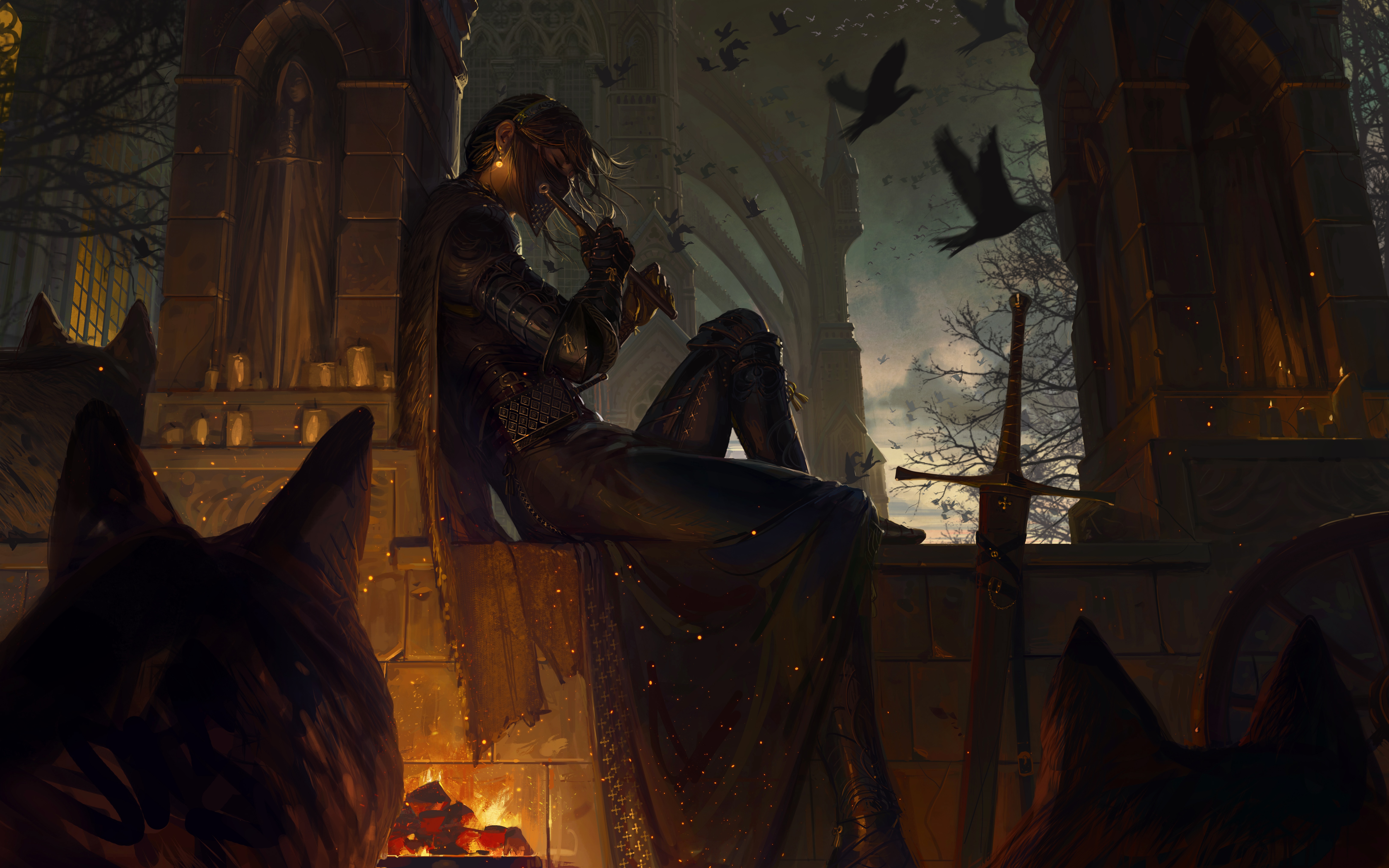Fantasy girl playing flute in a ruined castle with wolves and birds HD Wallpaper