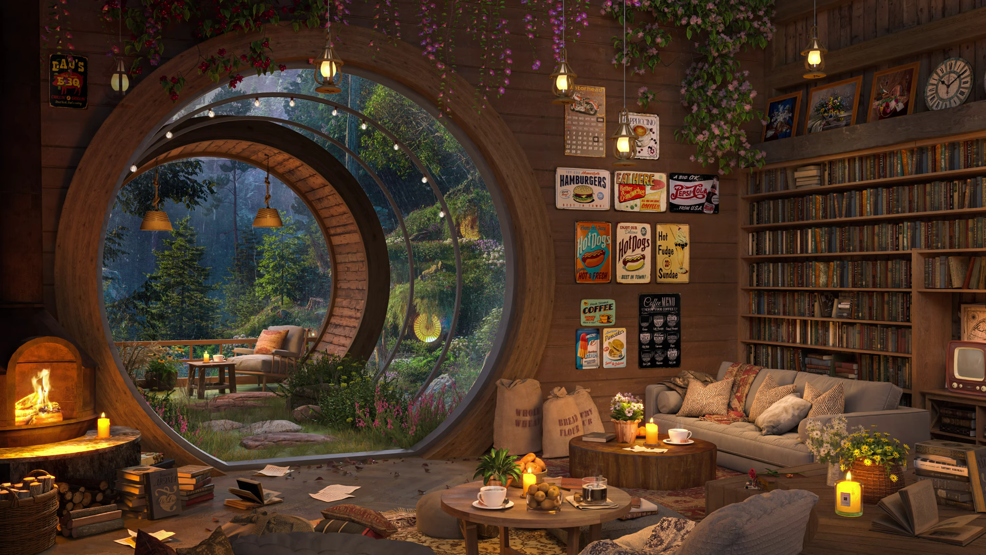 Cozy reading nook with a large circular window overlooking a forest HD Wallpaper