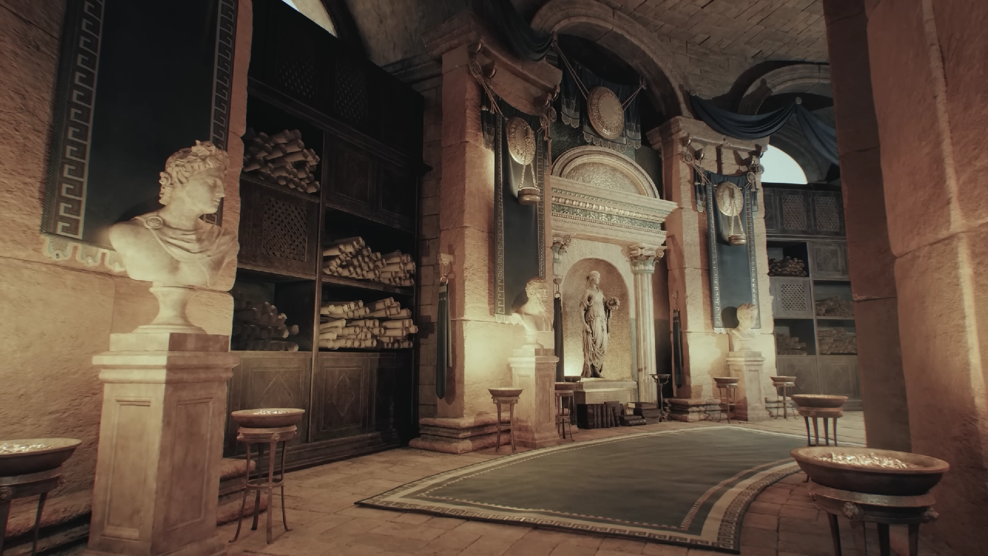Interior of a classical library with statues and scrolls HD Wallpaper