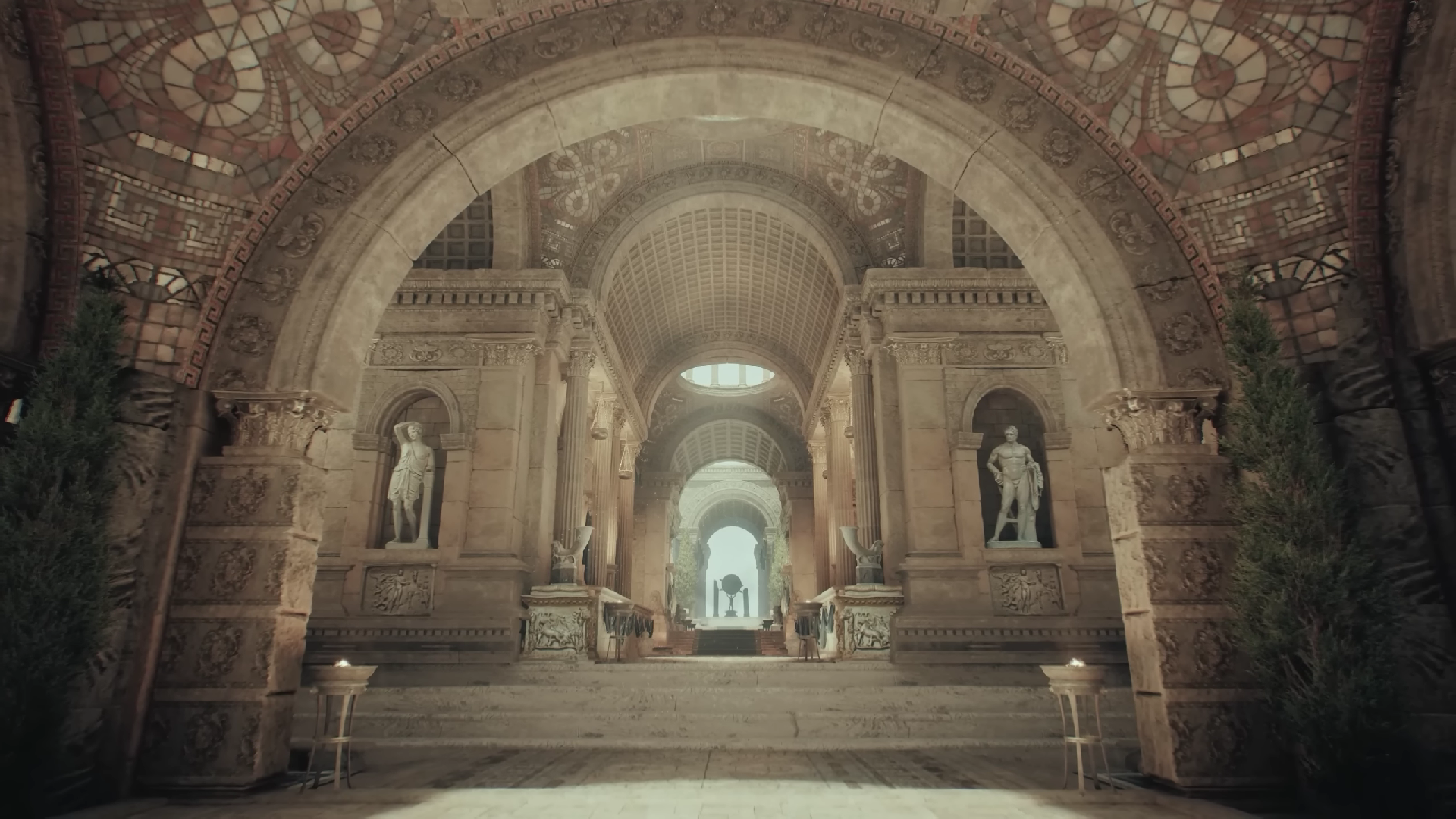 Grand Romanesque Hall with Statues and Mosaics HD Wallpaper