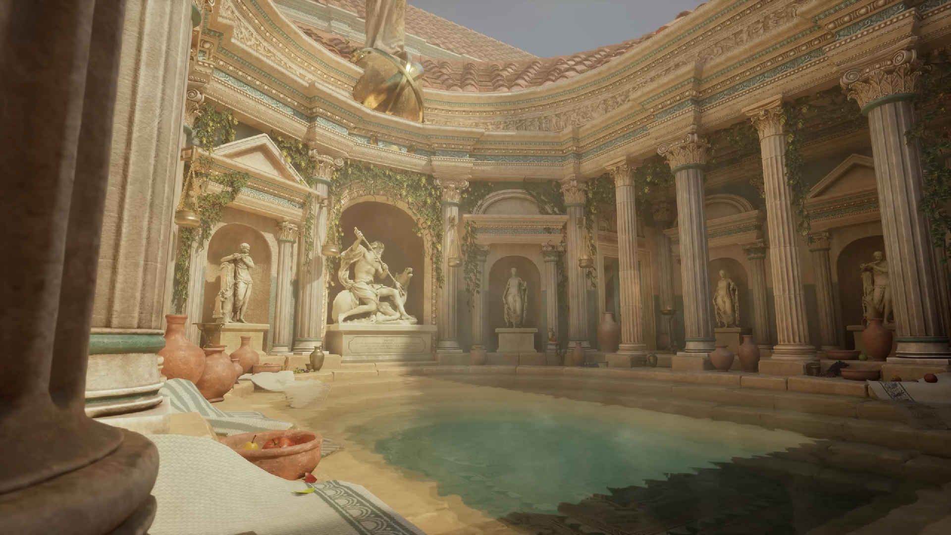 Roman Baths with Statues and Pool HD Wallpaper
