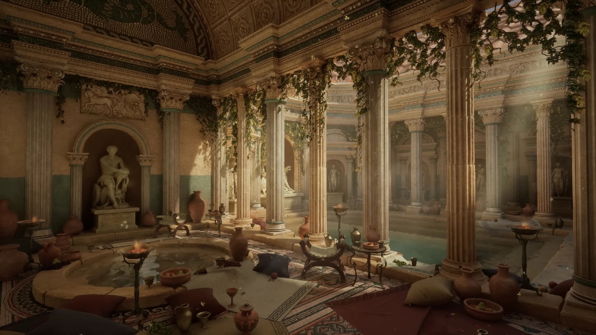 Roman Baths with Statues and Sunlight HD Wallpaper
