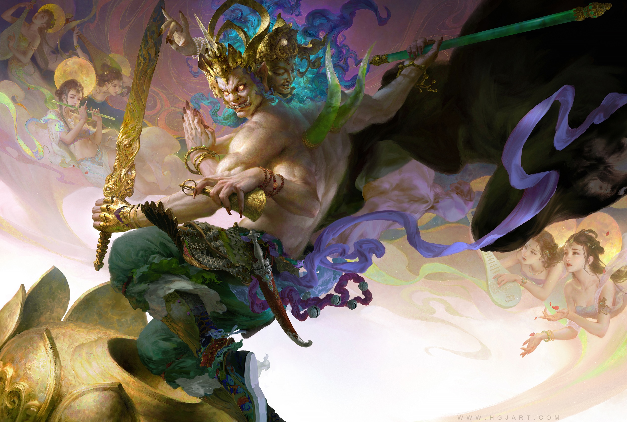 Huang Guangjian's artwork of a Hindu deity with weapons HD Wallpaper
