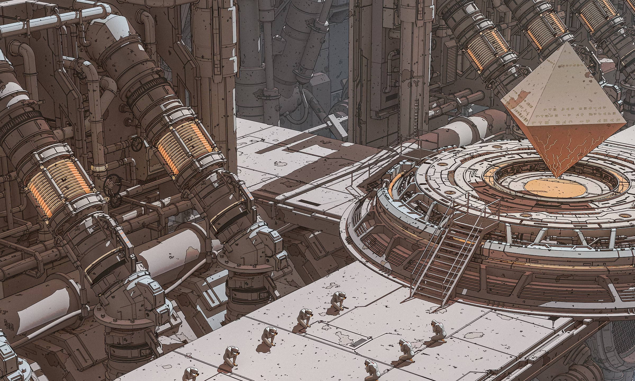 Science fiction industrial complex with pyramid artifact HD Wallpaper
