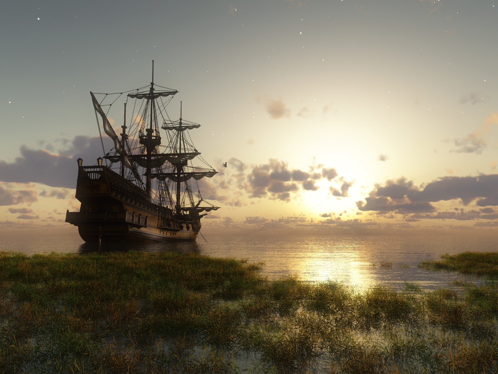 Fantasy ship sailing at sunset with clouds and stars HD Wallpaper