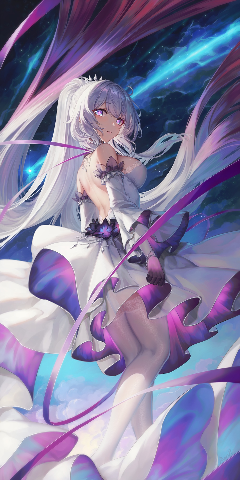 Kiana Kaslana in a white dress with purple accents HD Phone Wallpaper