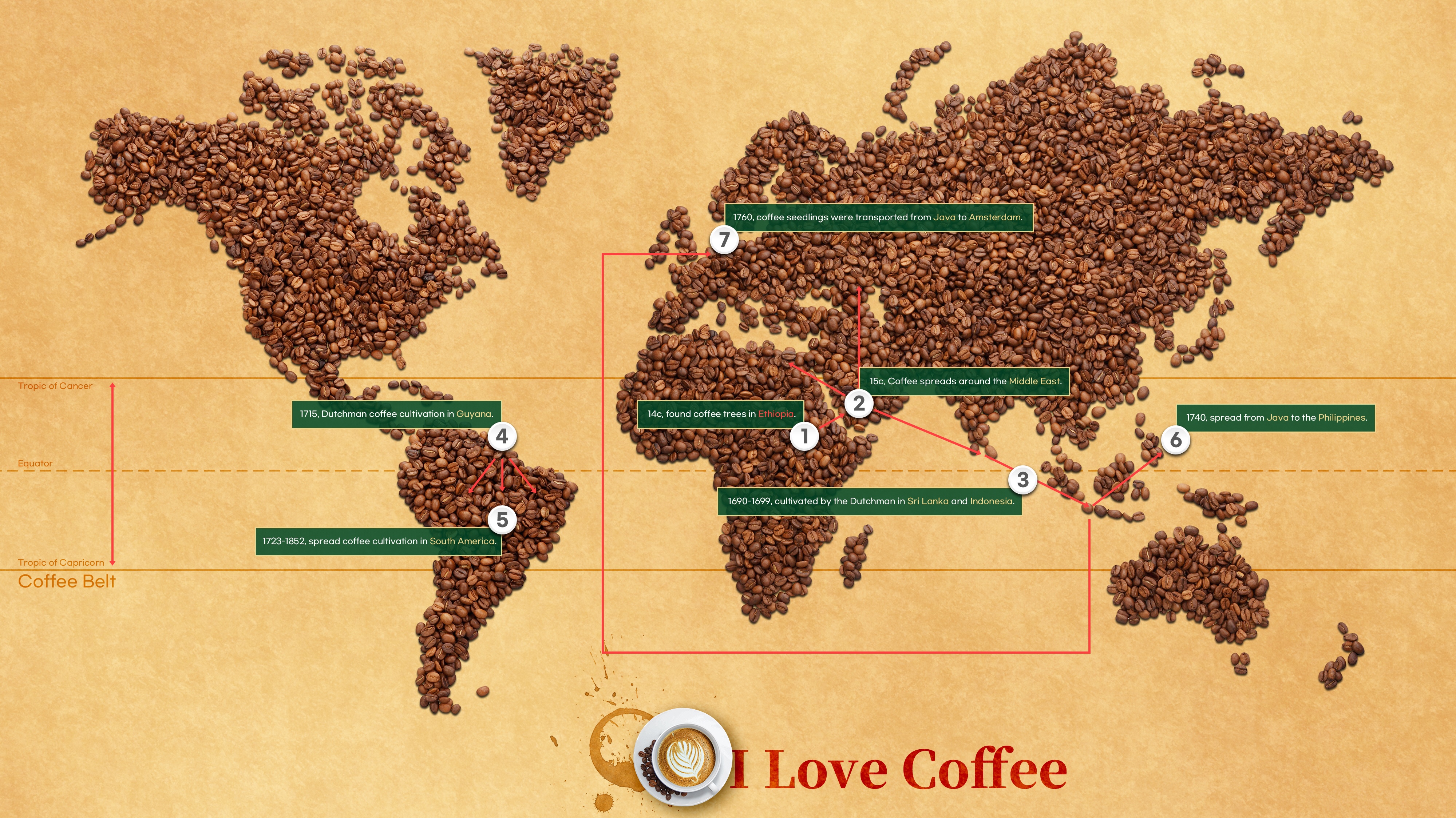 World map made of coffee beans with historical facts HD Wallpaper