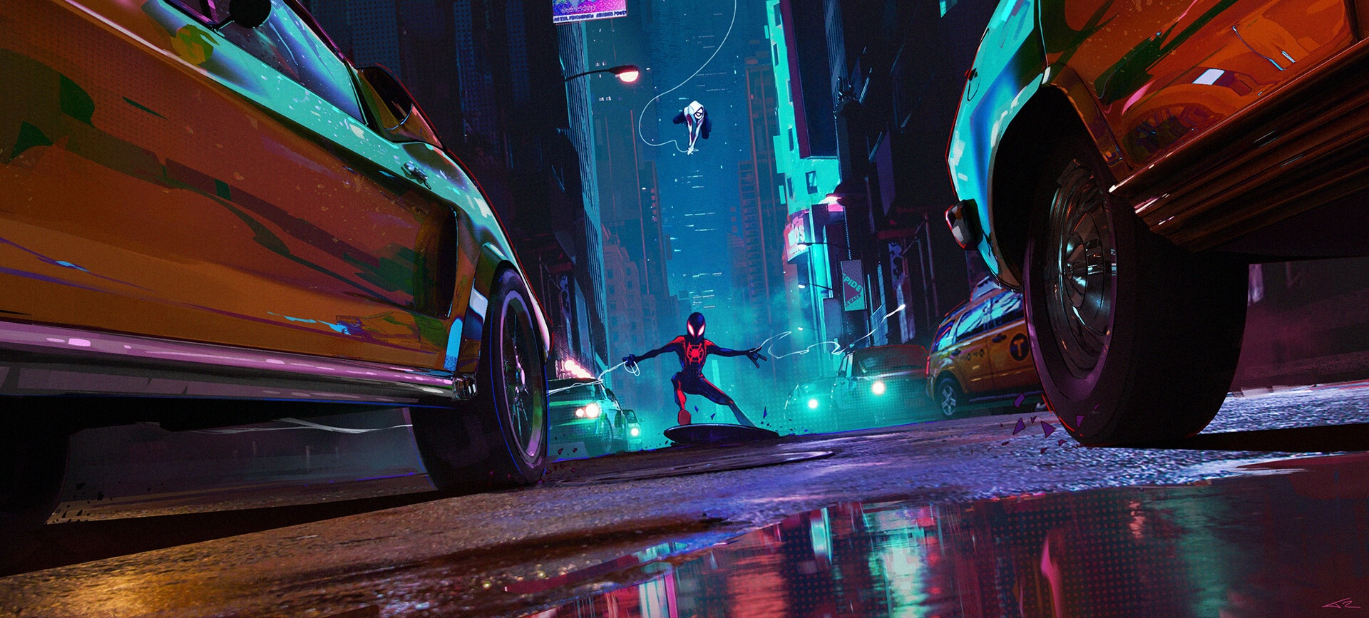 Spider-Man and Spider-Gwen in a Neon City HD Wallpaper