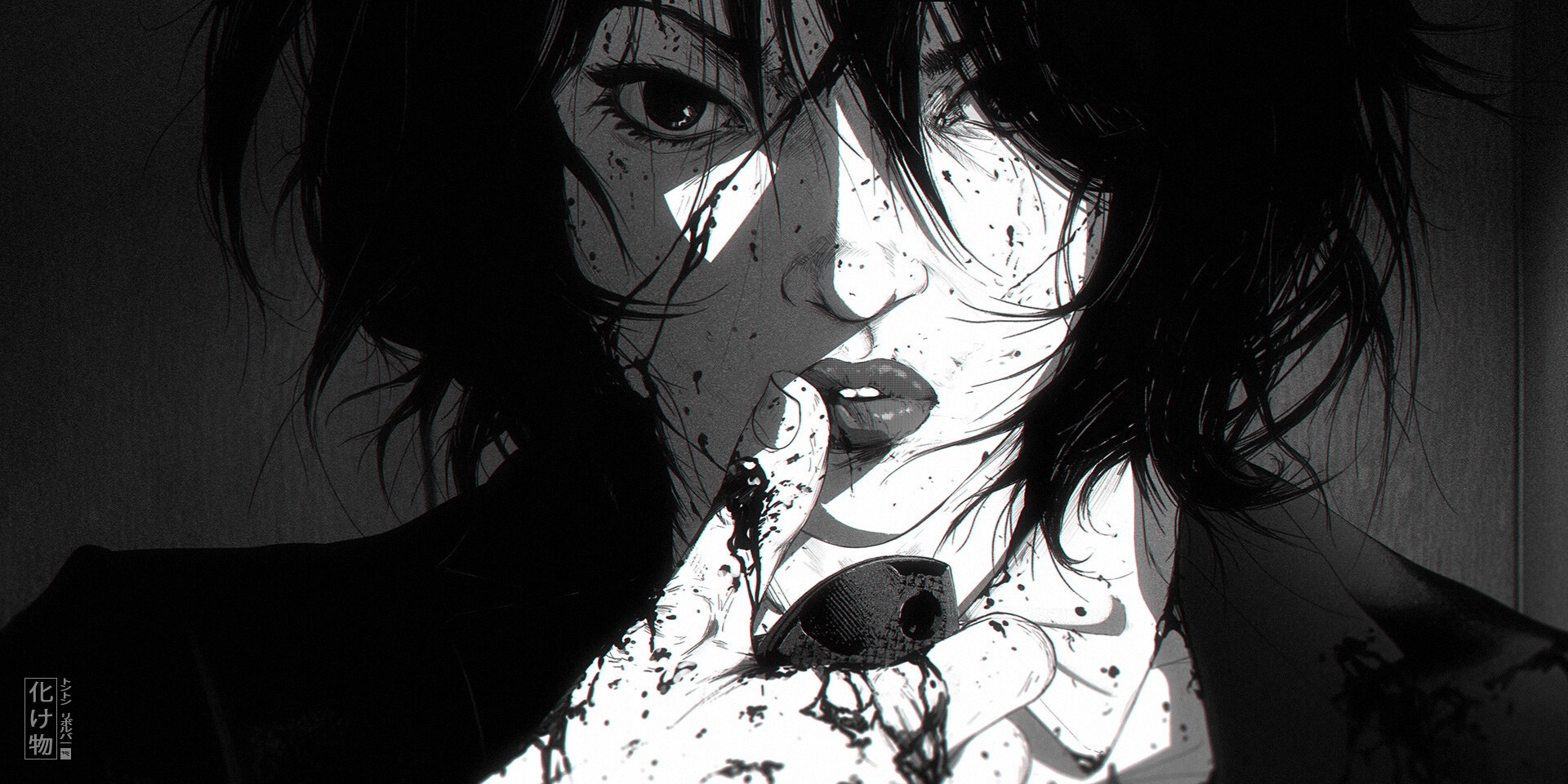 Monochrome portrait of a woman with blood splatters HD Wallpaper