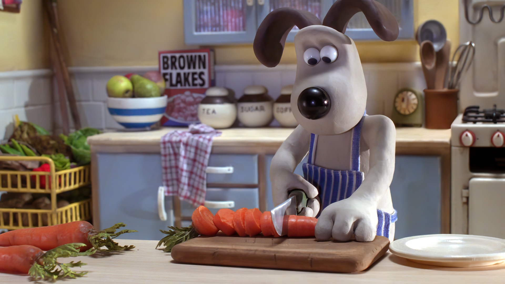 Wallace and Gromit's Were-Rabbit dog slicing carrots HD Wallpaper