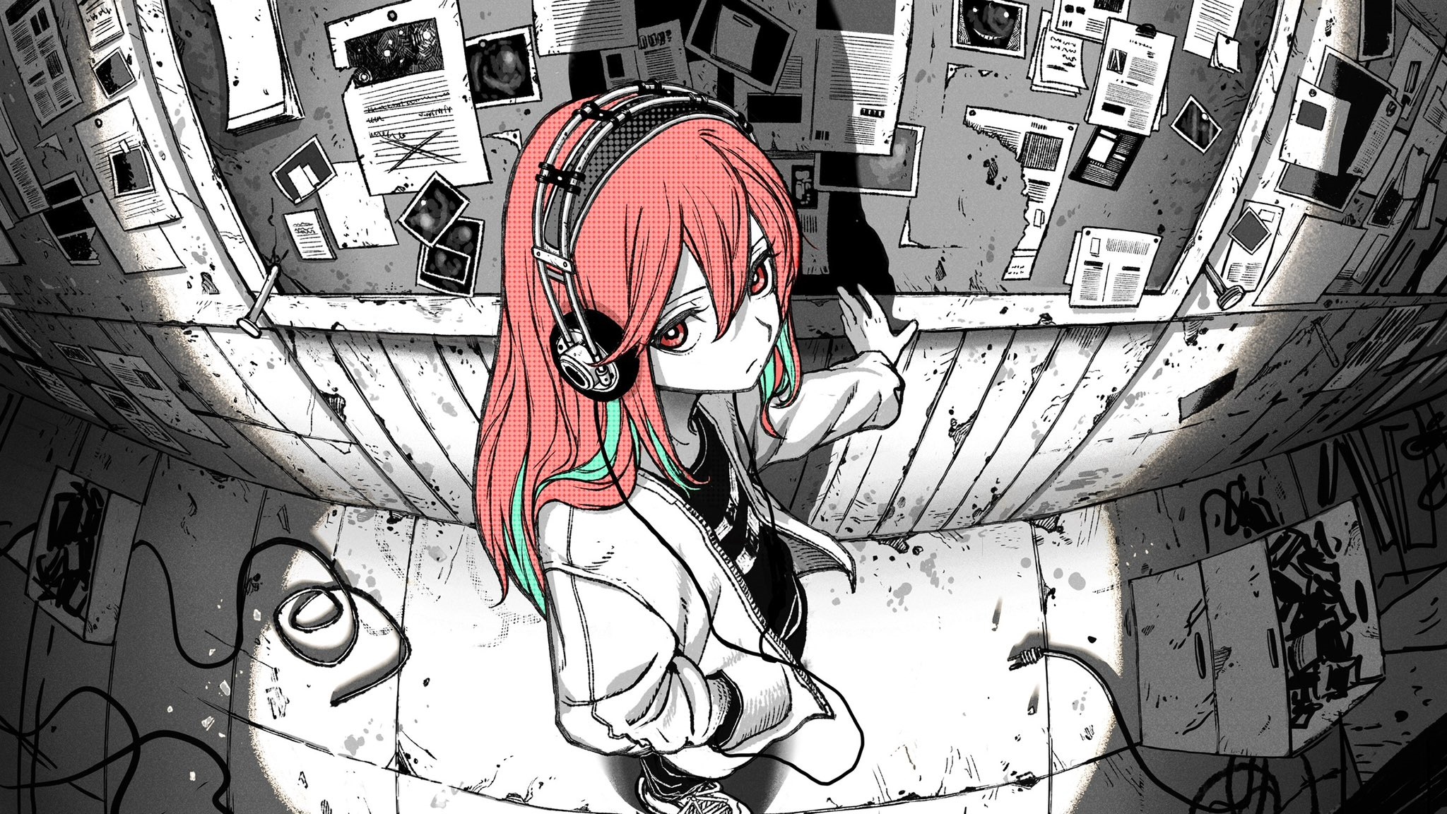 Girl with headphones looking at a wall of papers HD Wallpaper