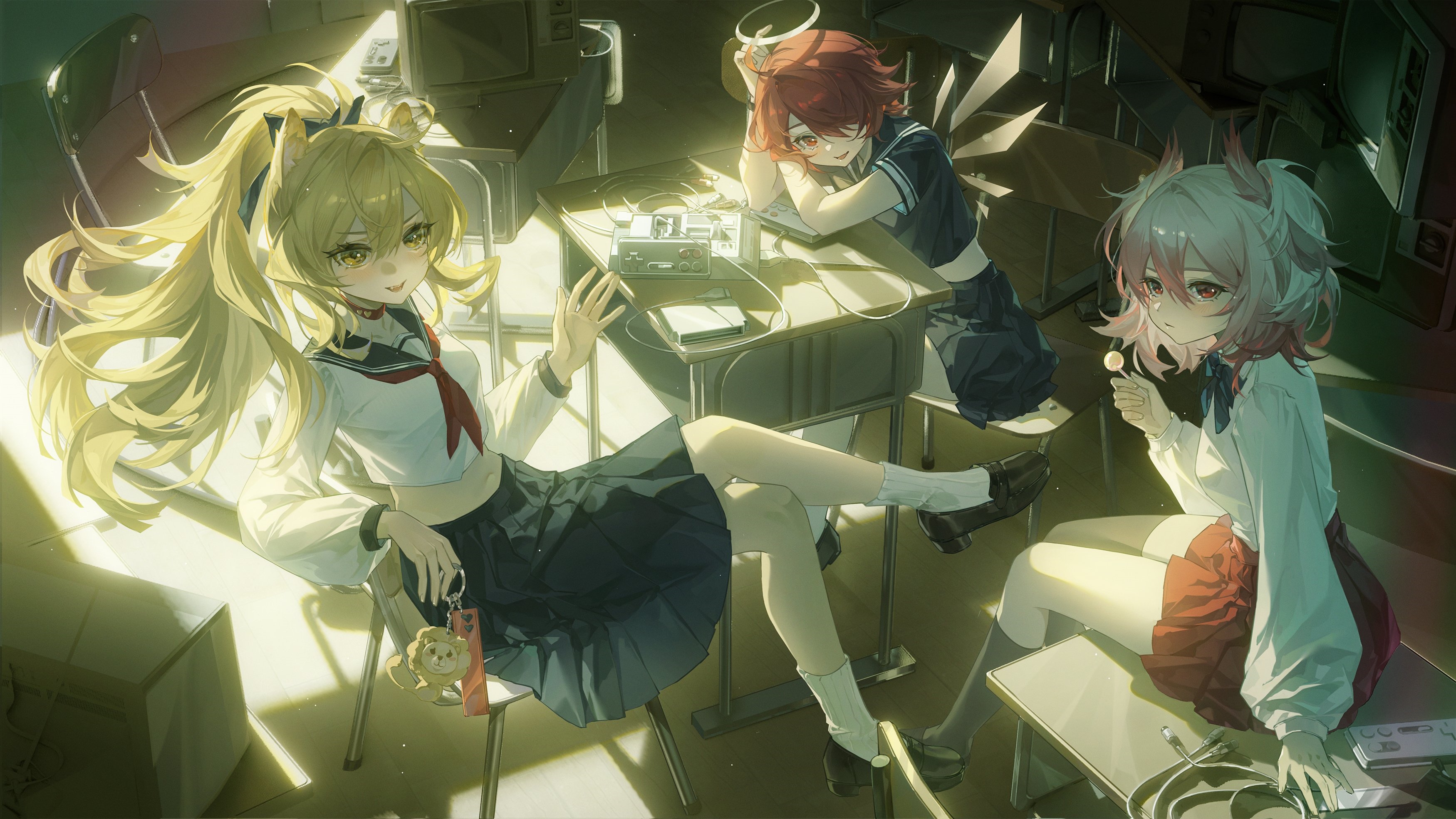 Arknights characters Exusiai and Fiammetta in a classroom HD Wallpaper