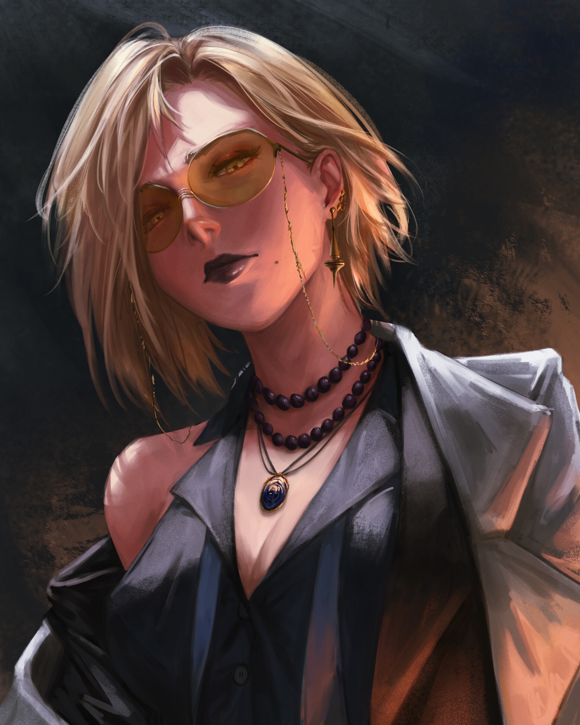 Portrait of a blonde woman with glasses and necklaces HD Phone Wallpaper