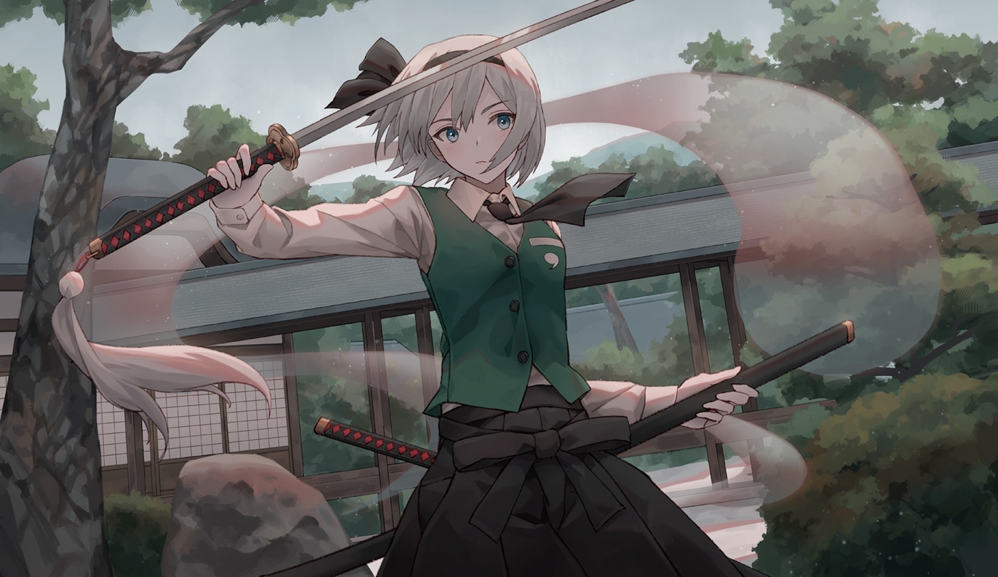 Konpaku Youmu with two katanas in a Japanese garden HD Wallpaper
