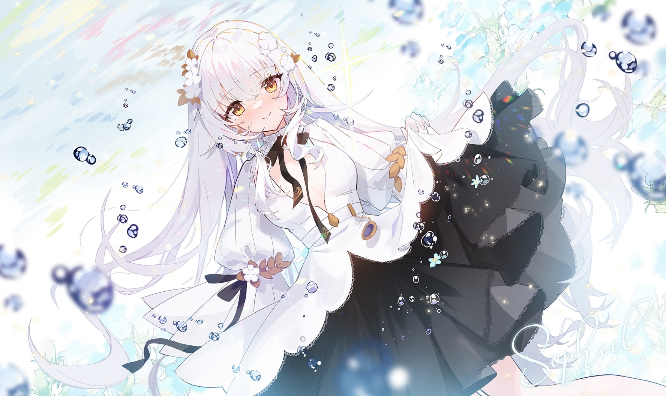 Girl with white hair and dress with bubbles HD Wallpaper