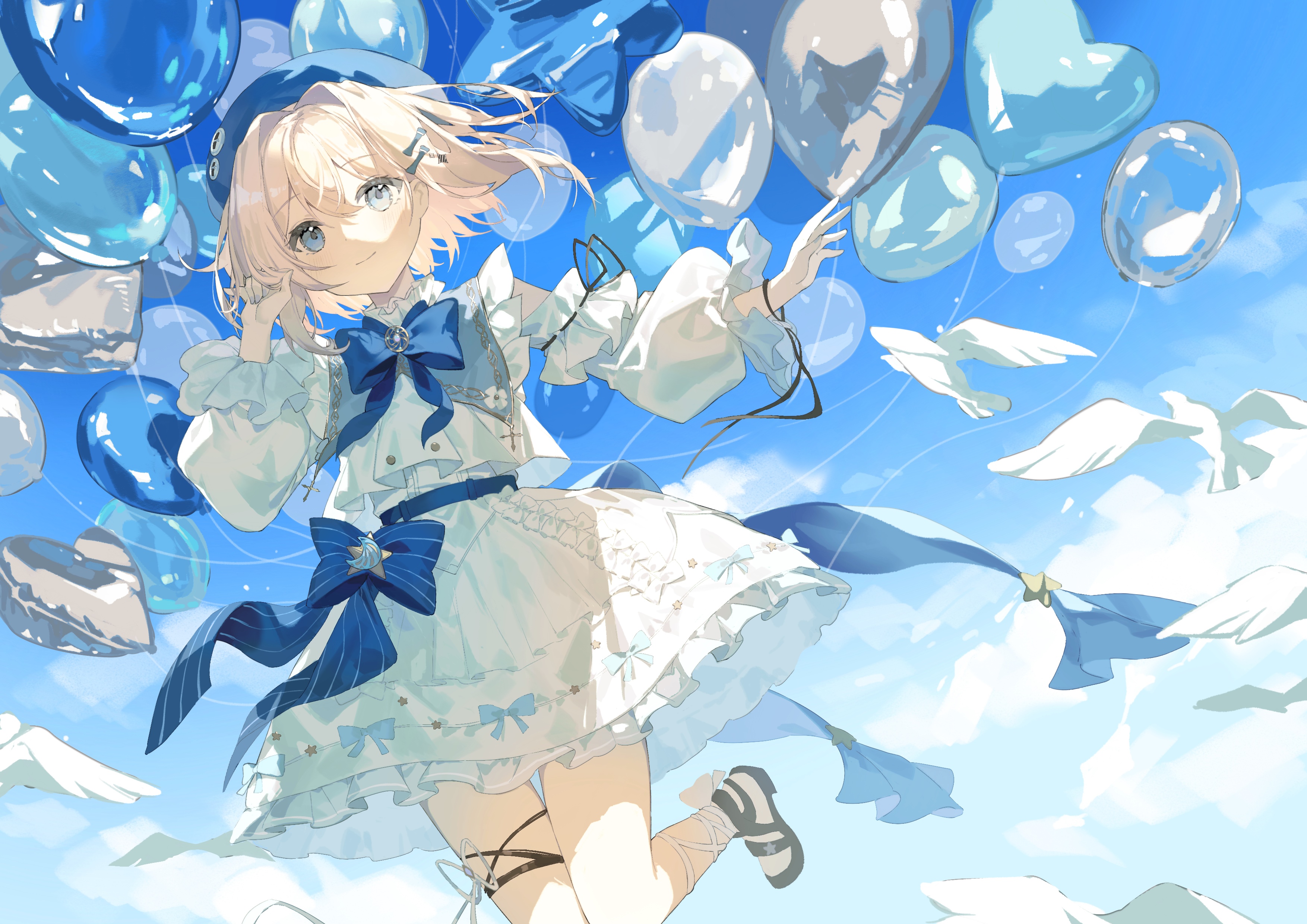 Girl with blonde hair holding balloons and birds in the sky HD Wallpaper