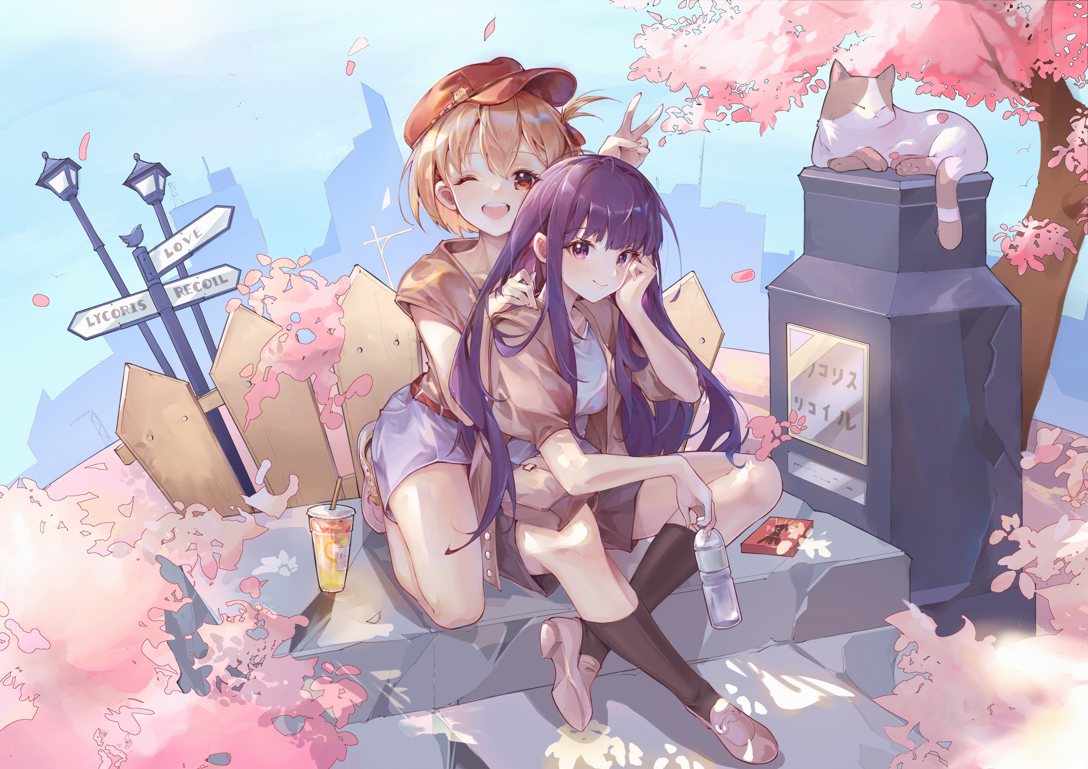 Lycoris Recoil girls with cat and cherry blossoms HD Wallpaper