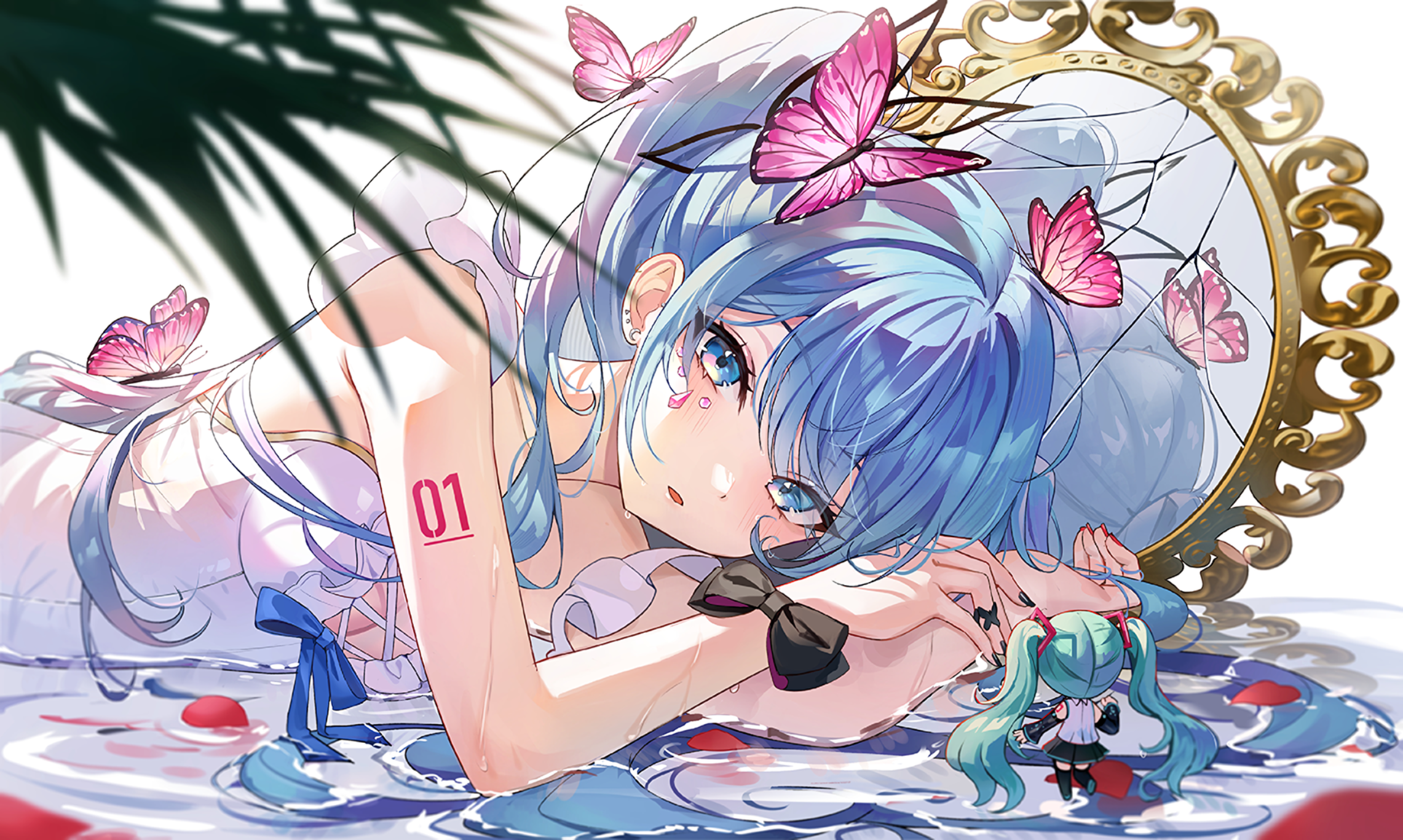 Hatsune Miku in Water with Butterflies and Mirror HD Wallpaper