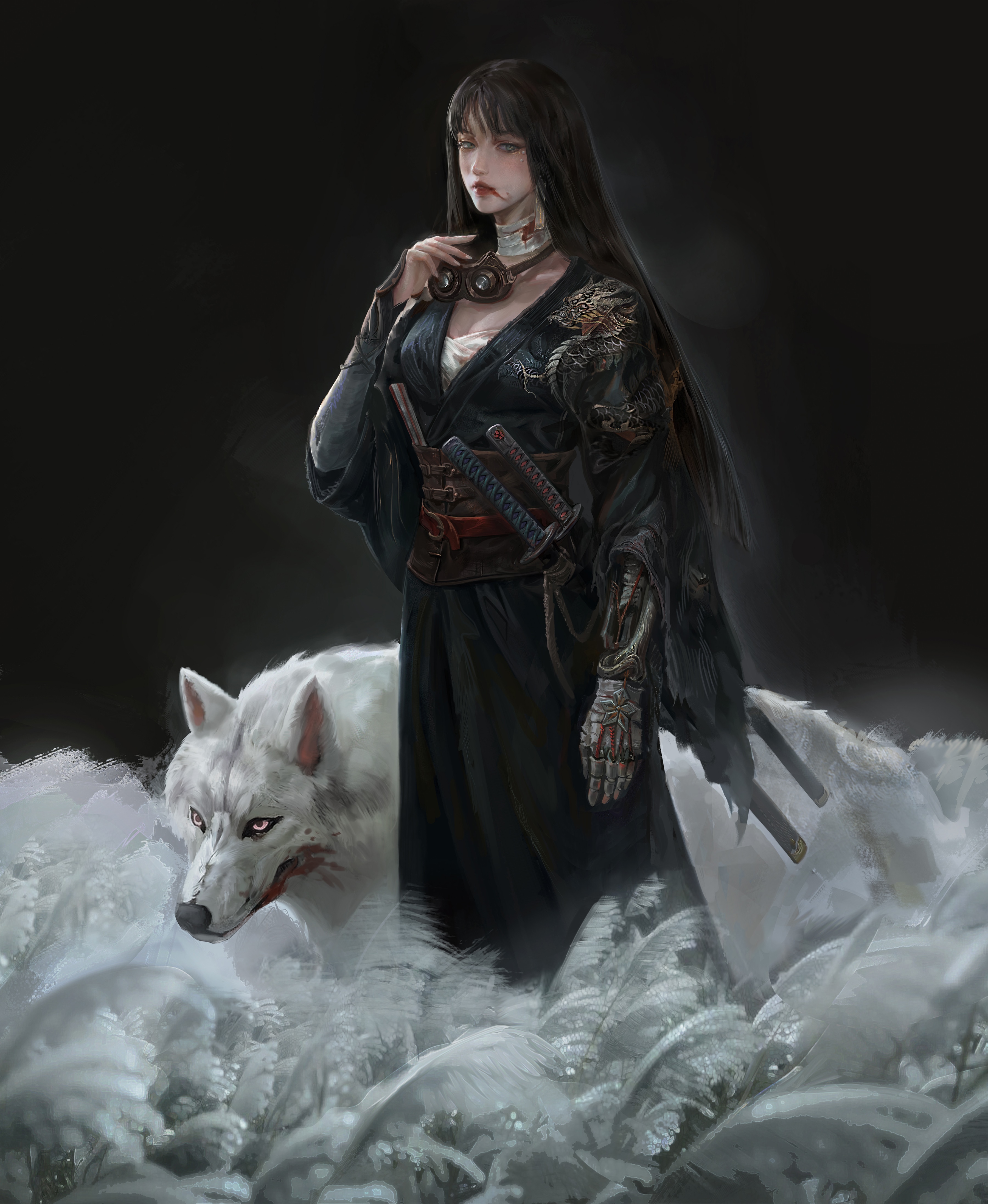 Sekiro: Shadows Die Twice fan art of a woman with a wolf HD Phone Wallpaper