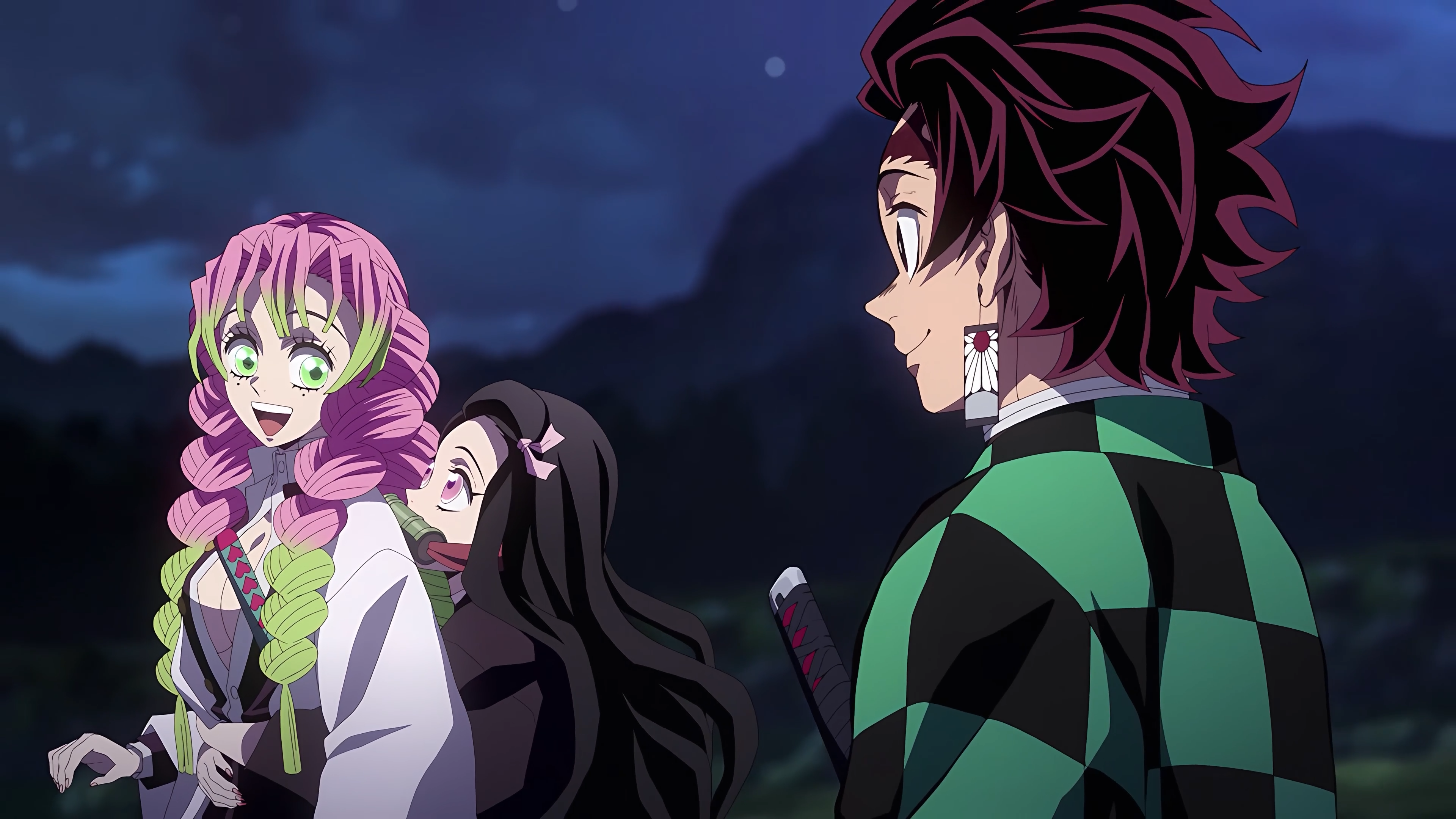4K Kimetsu no Yaiba: Tanjiro, Nezuko, and Mitsuri HD Wallpaper