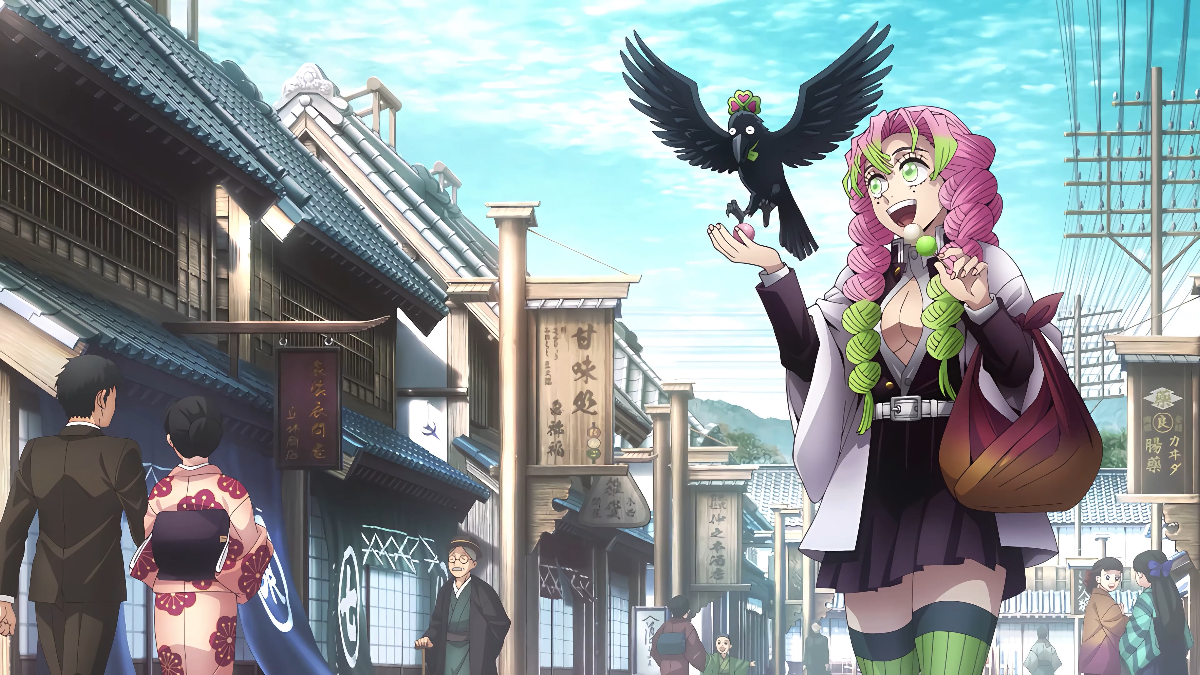 Mitsuri Kanroji with a Bird in Kimetsu no Yaiba HD Wallpaper