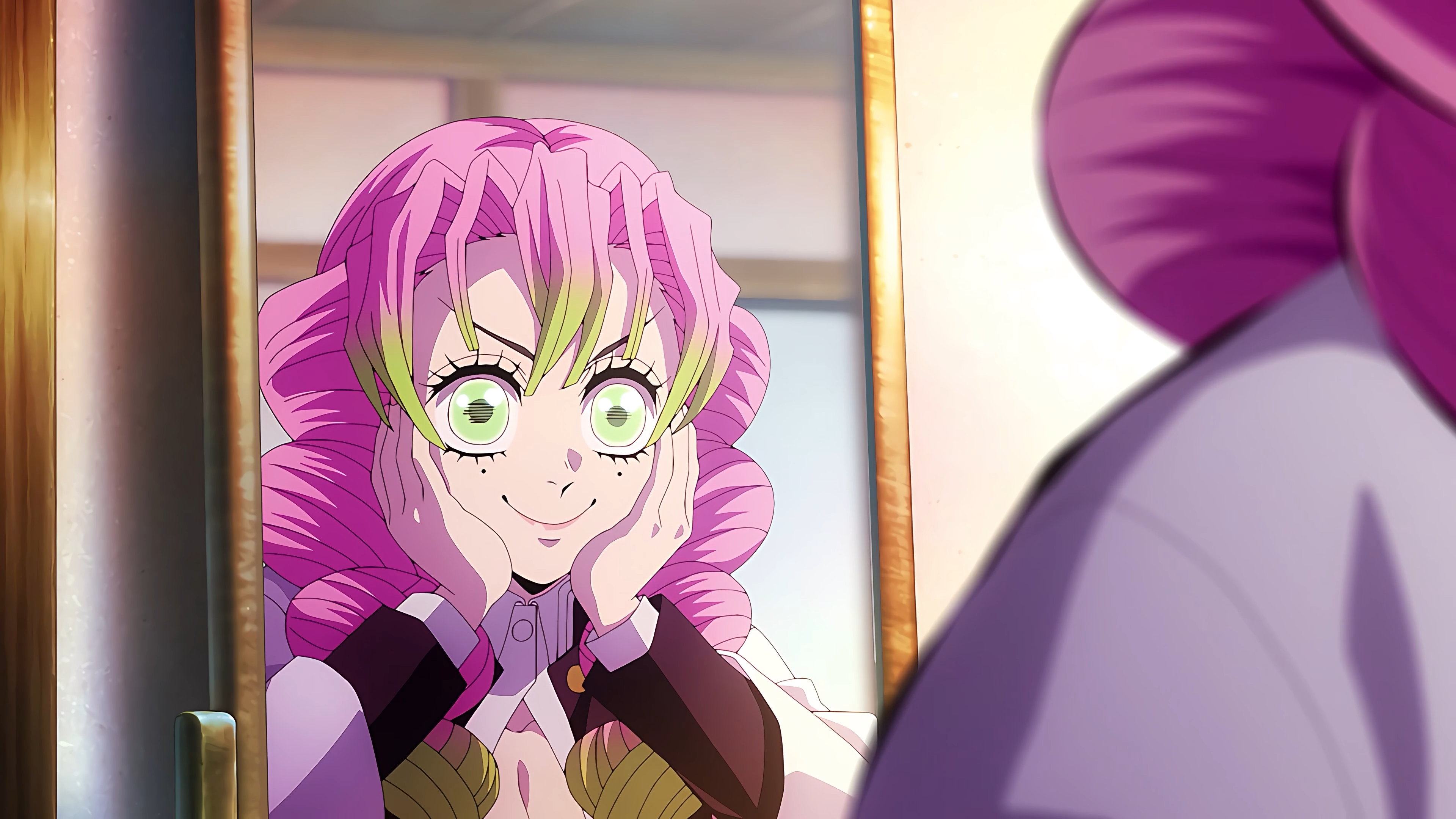 Mitsuri Kanroji smiling in a mirror HD Wallpaper