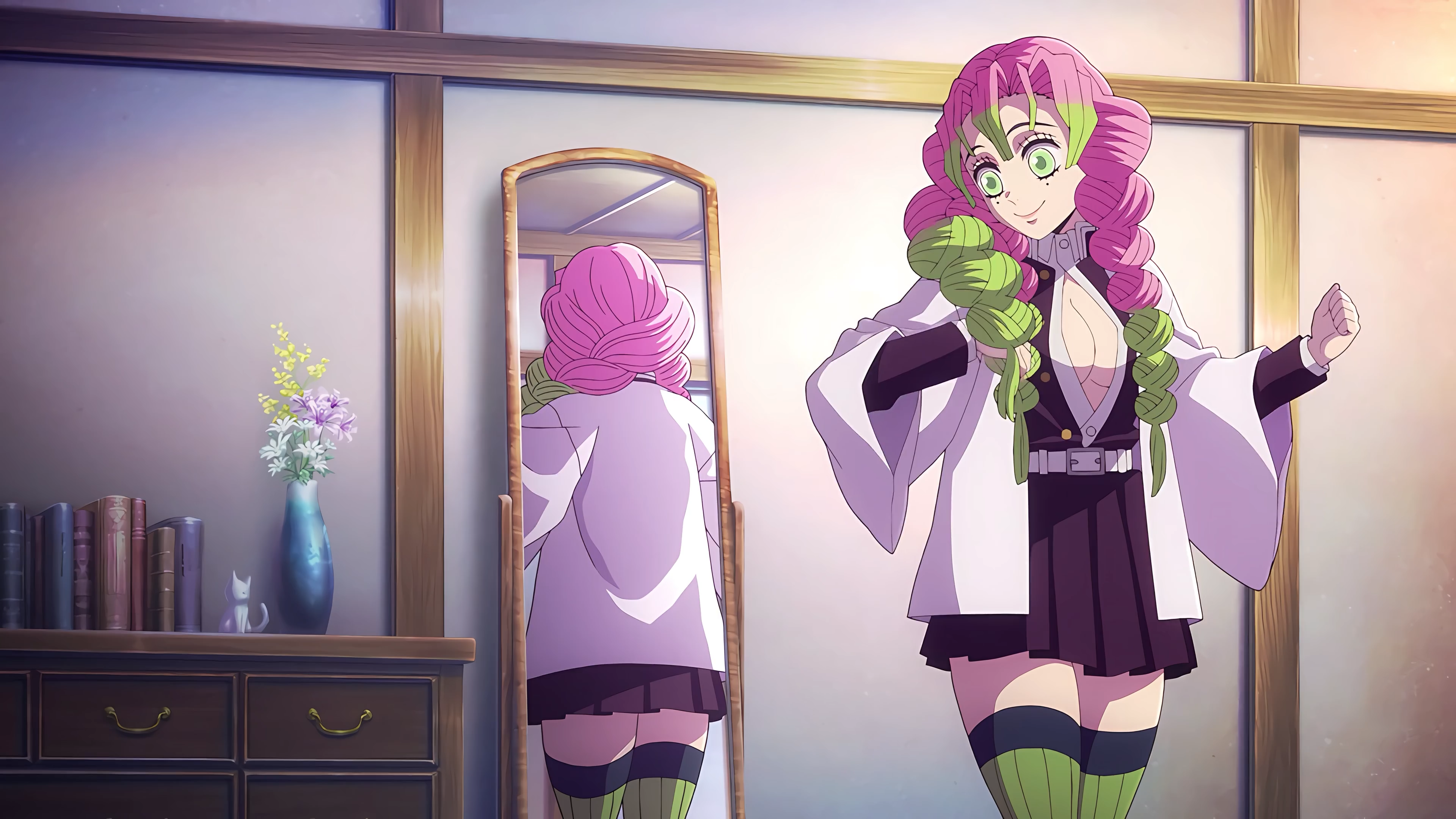 Mitsuri Kanroji in a mirror, Kimetsu no Yaiba HD Wallpaper
