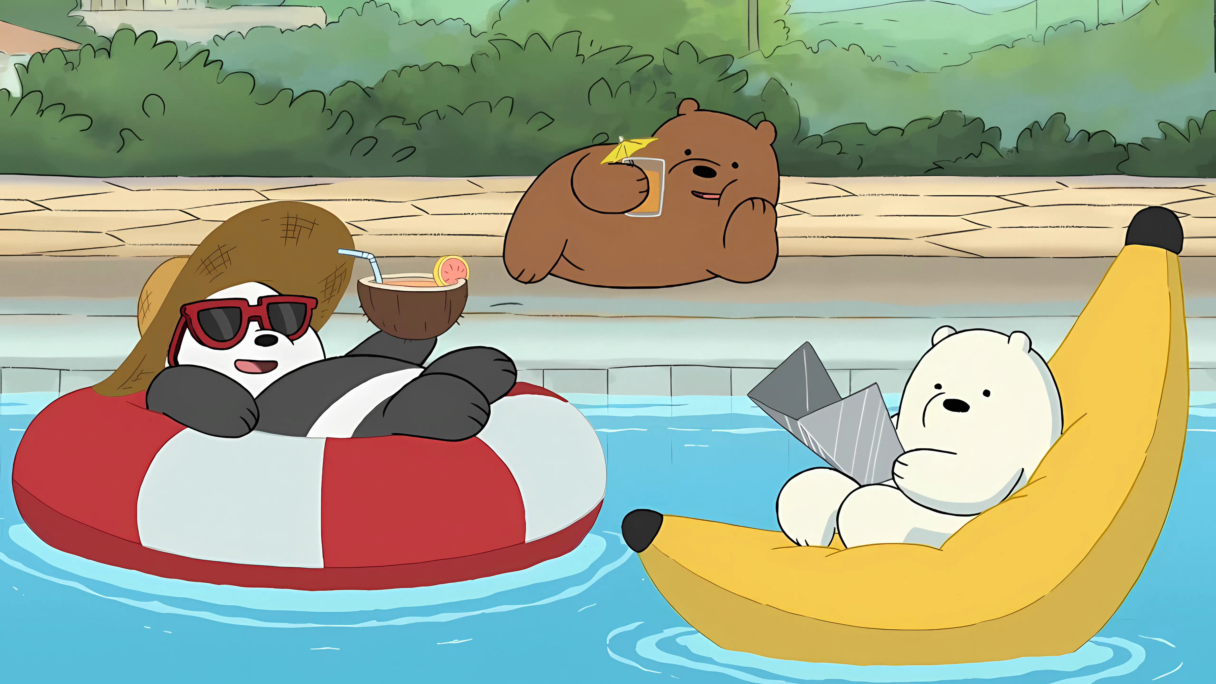 We Bare Bears relaxing by the pool HD Wallpaper