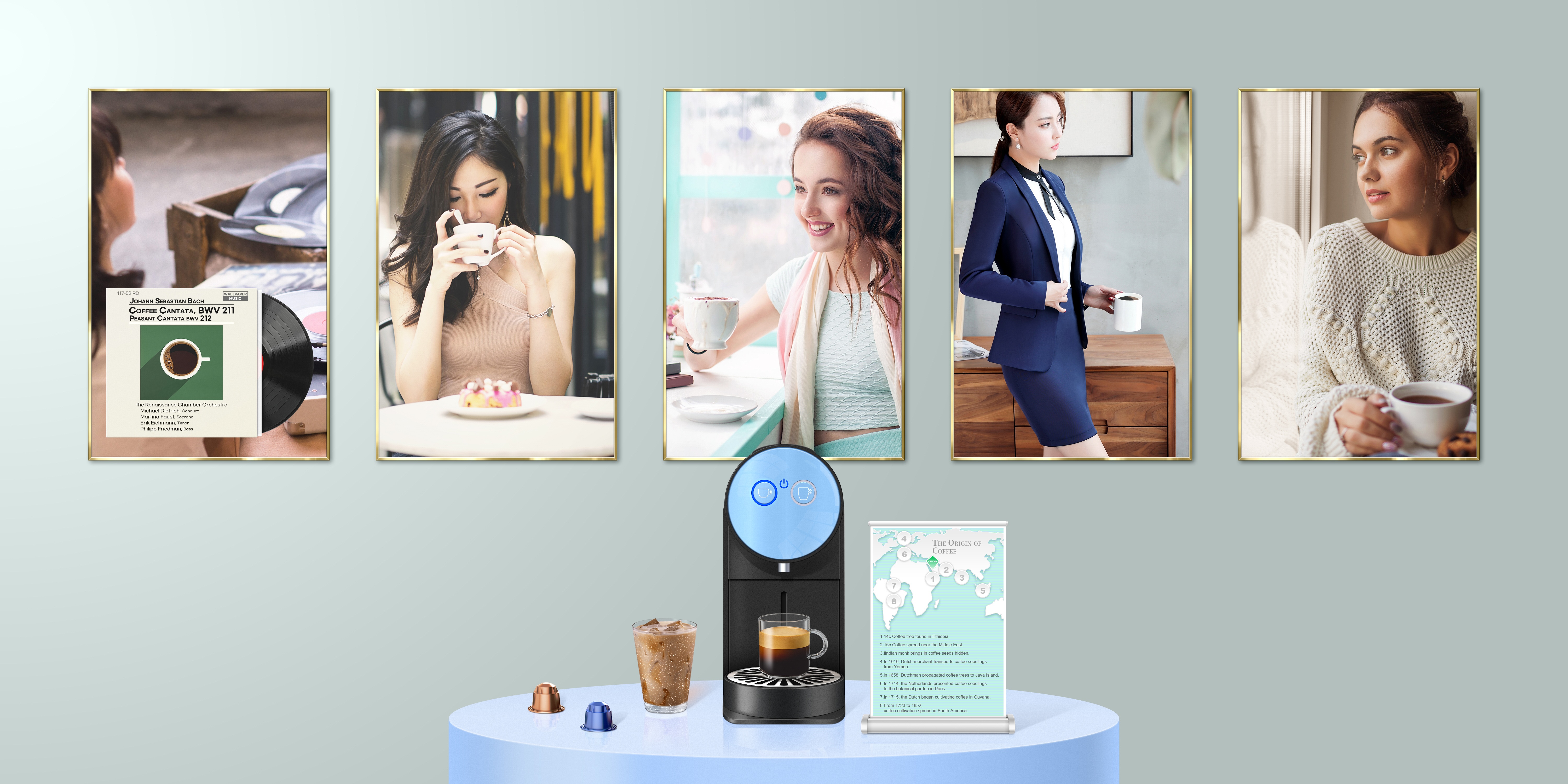 Coffee machine with framed pictures of women drinking coffee HD Wallpaper