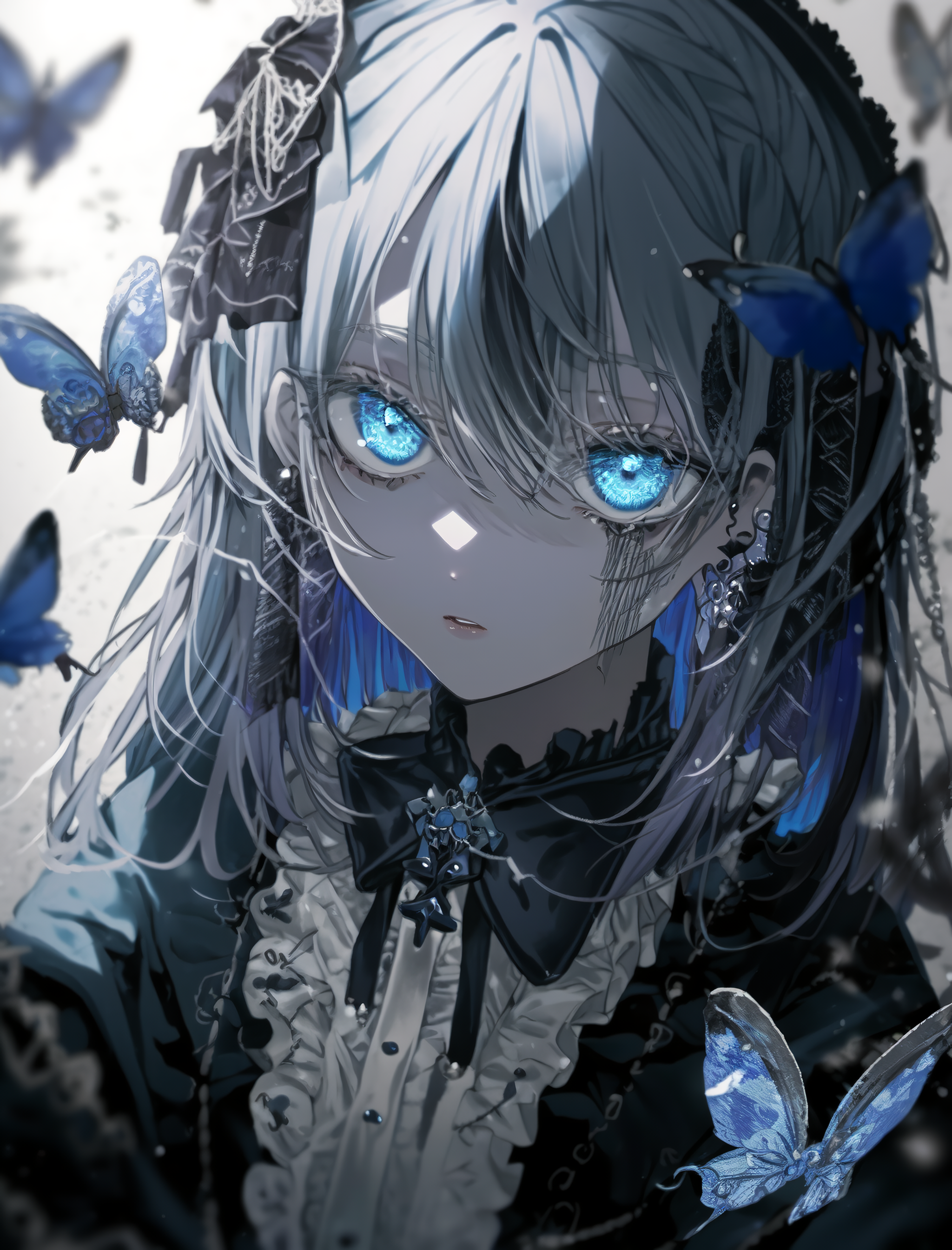 Anime girl with gray hair and blue glowing eyes and butterflies HD Phone Wallpaper