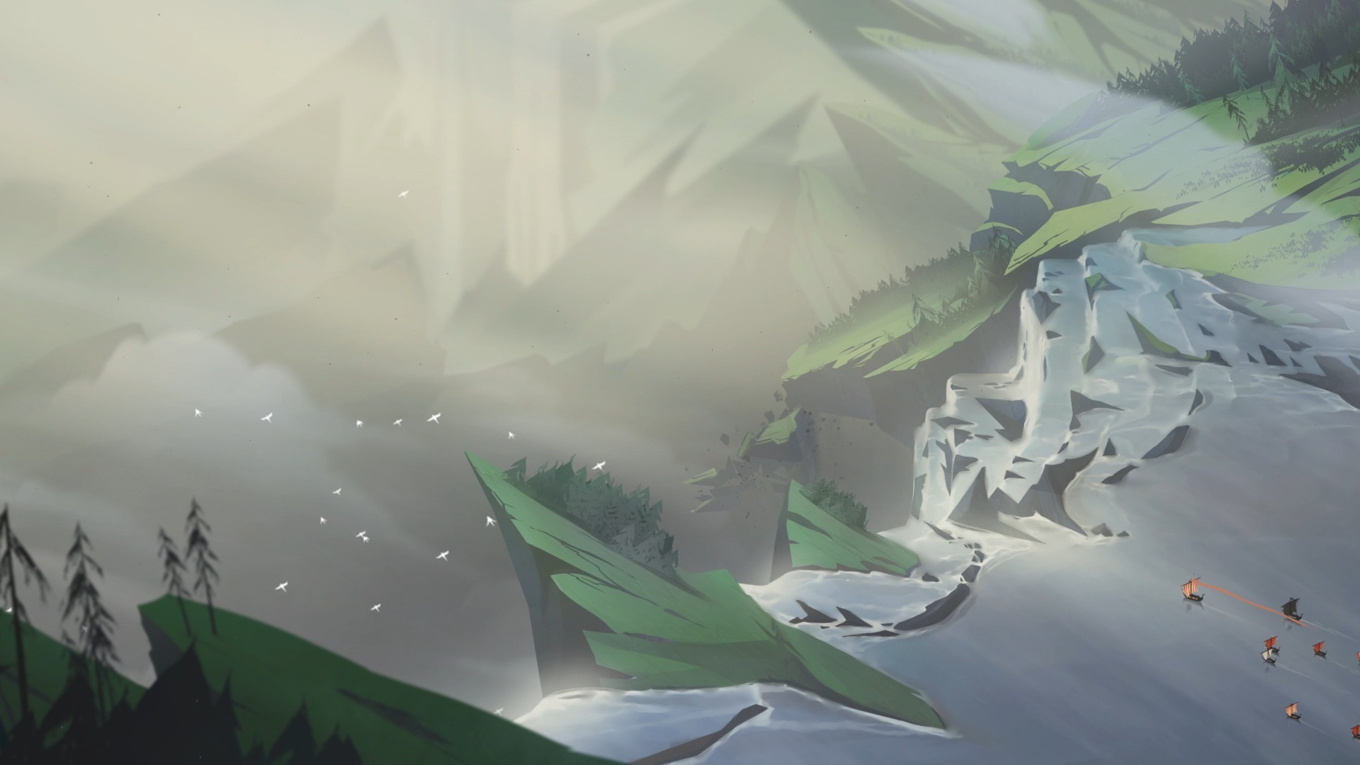 The Banner Saga 2 Longships on a Misty Landscape HD Wallpaper