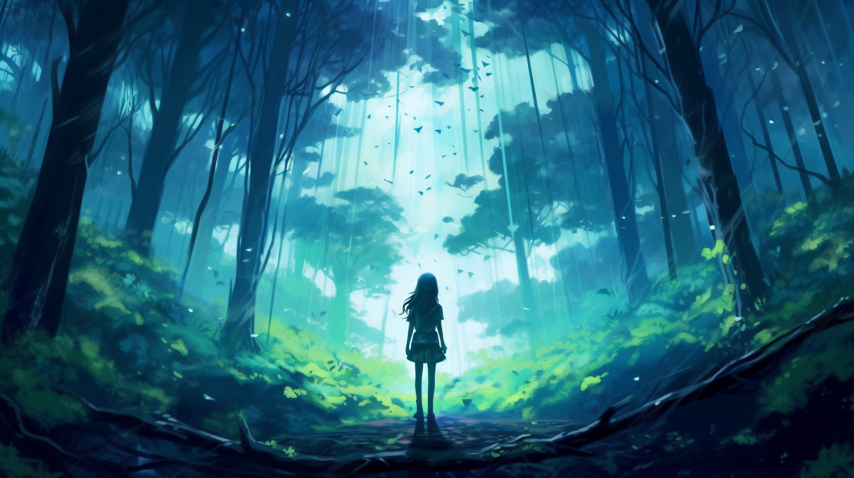 Girl standing alone in a dark, sunlit forest HD Wallpaper